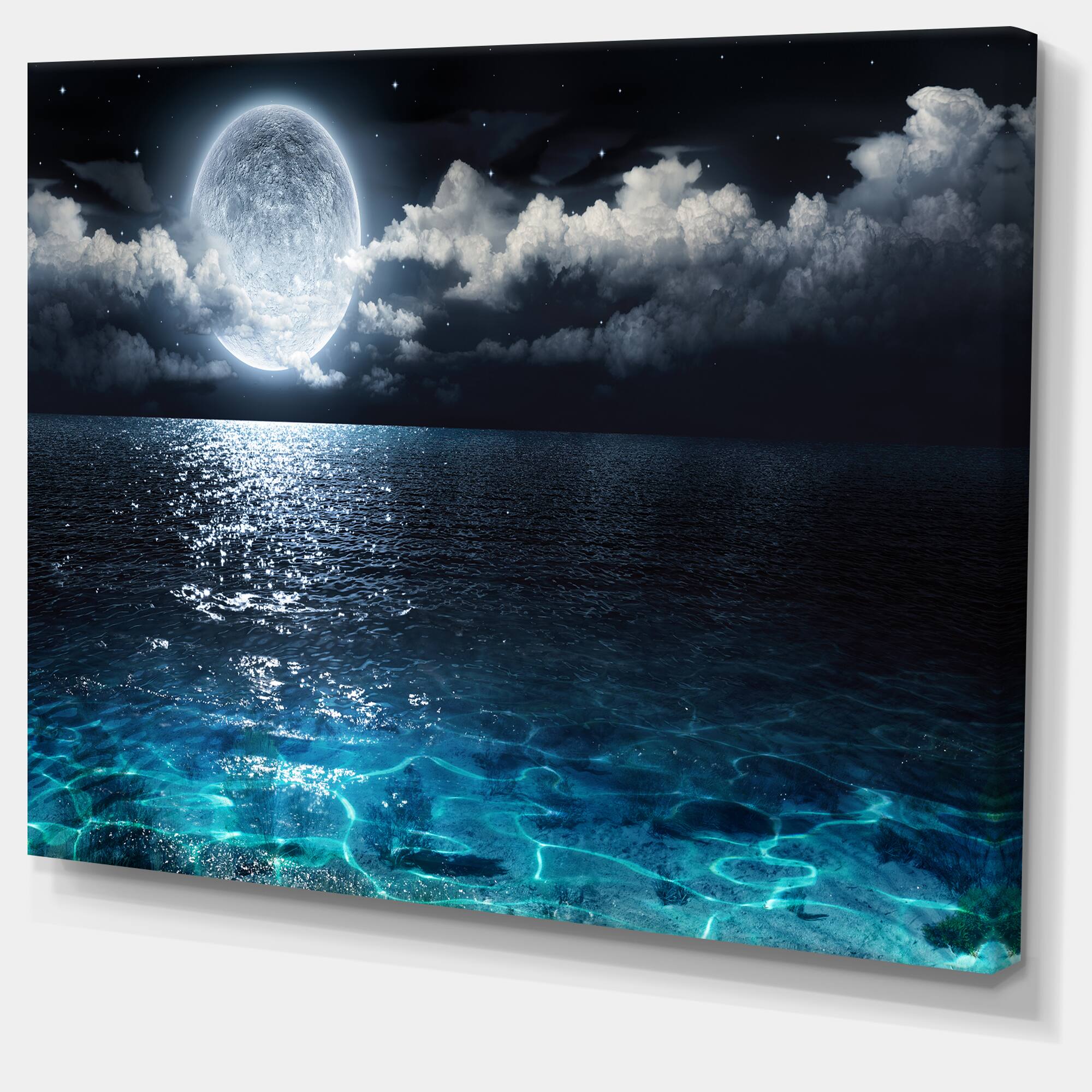 Designart - Romantic Full Moon Over Sea - Seascape Canvas Art Print