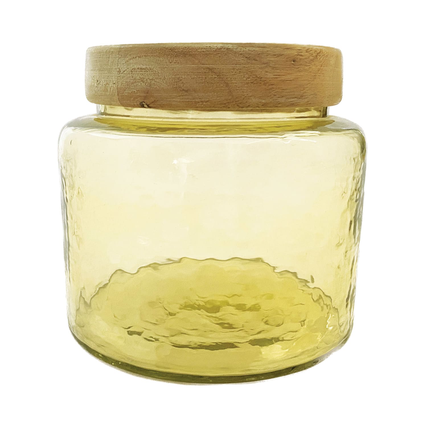 Hello Honey&#xAE; Yellow &#x26; Whitewash Hammered Glass Jar with Mango Wood Lid