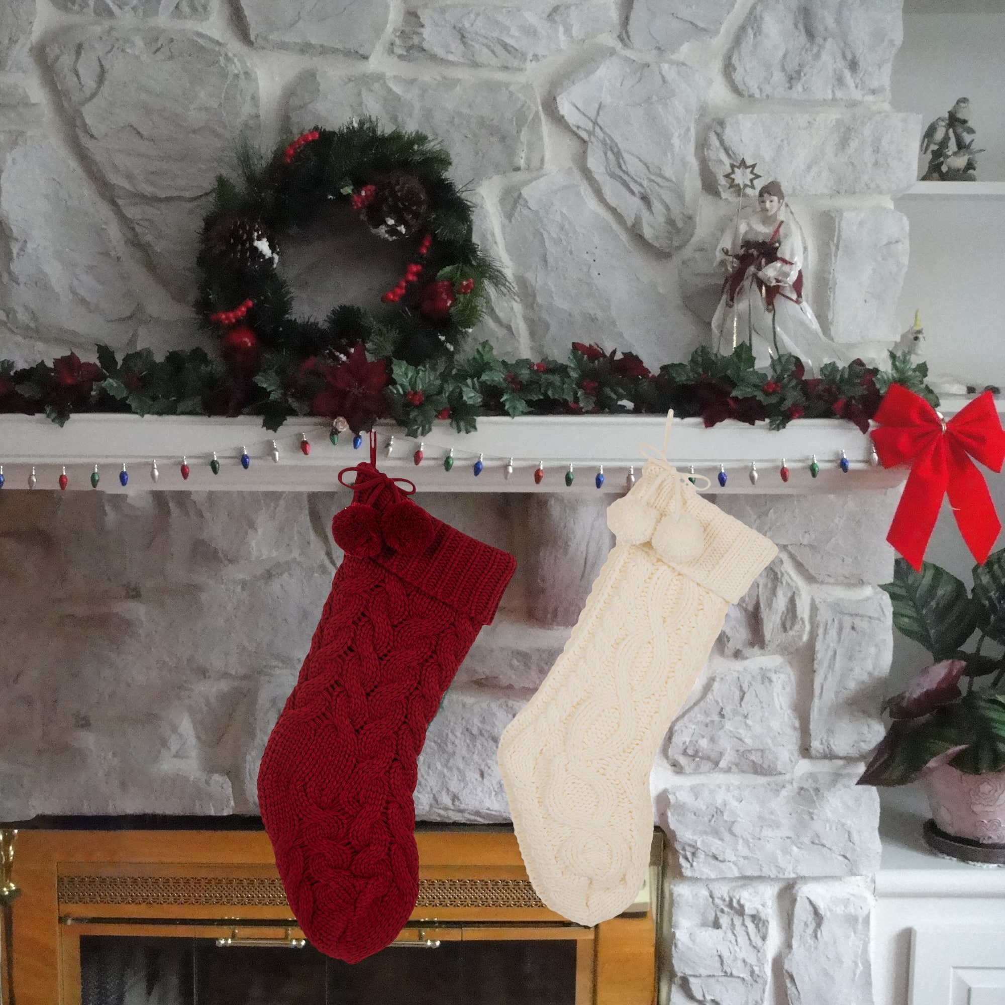 Glitzhome&#xAE; 24&#x22;Knitted Christmas Stockings with Pom Pom Balls, 2ct.