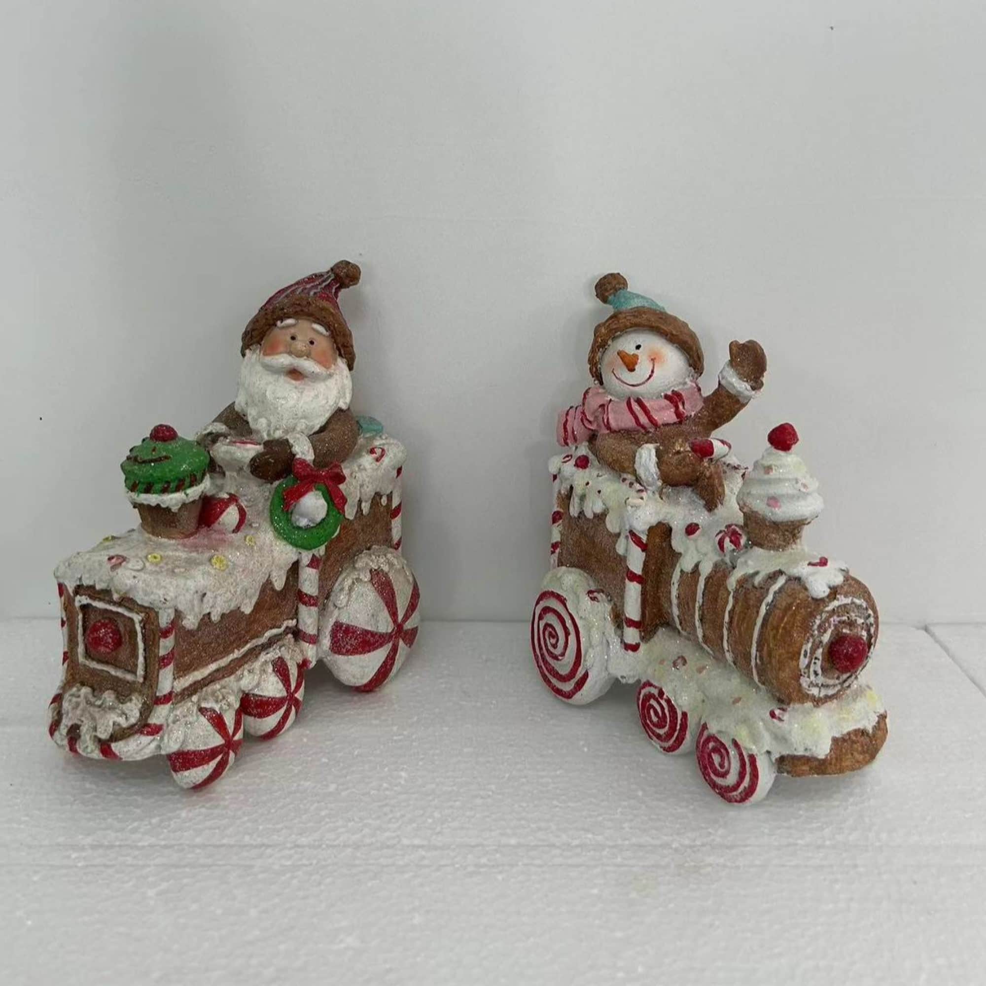 6.75" Santa & Snowman on Gingerbread Trains Christmas Figure Set