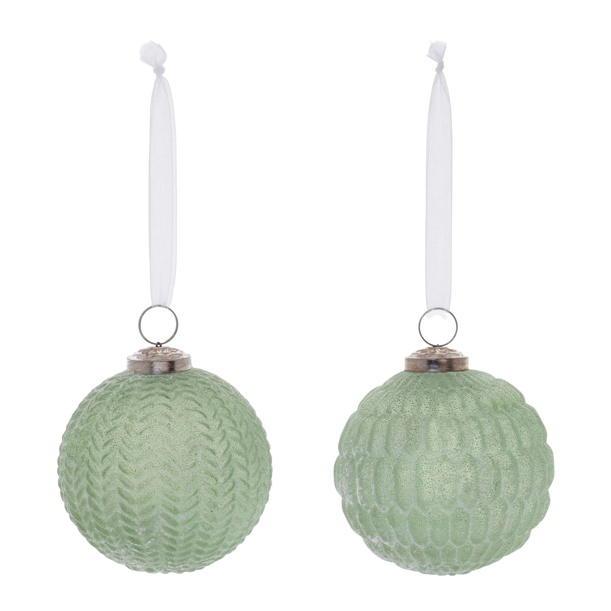 4&#x22; Green Frosted Glass Ball Ornaments Set