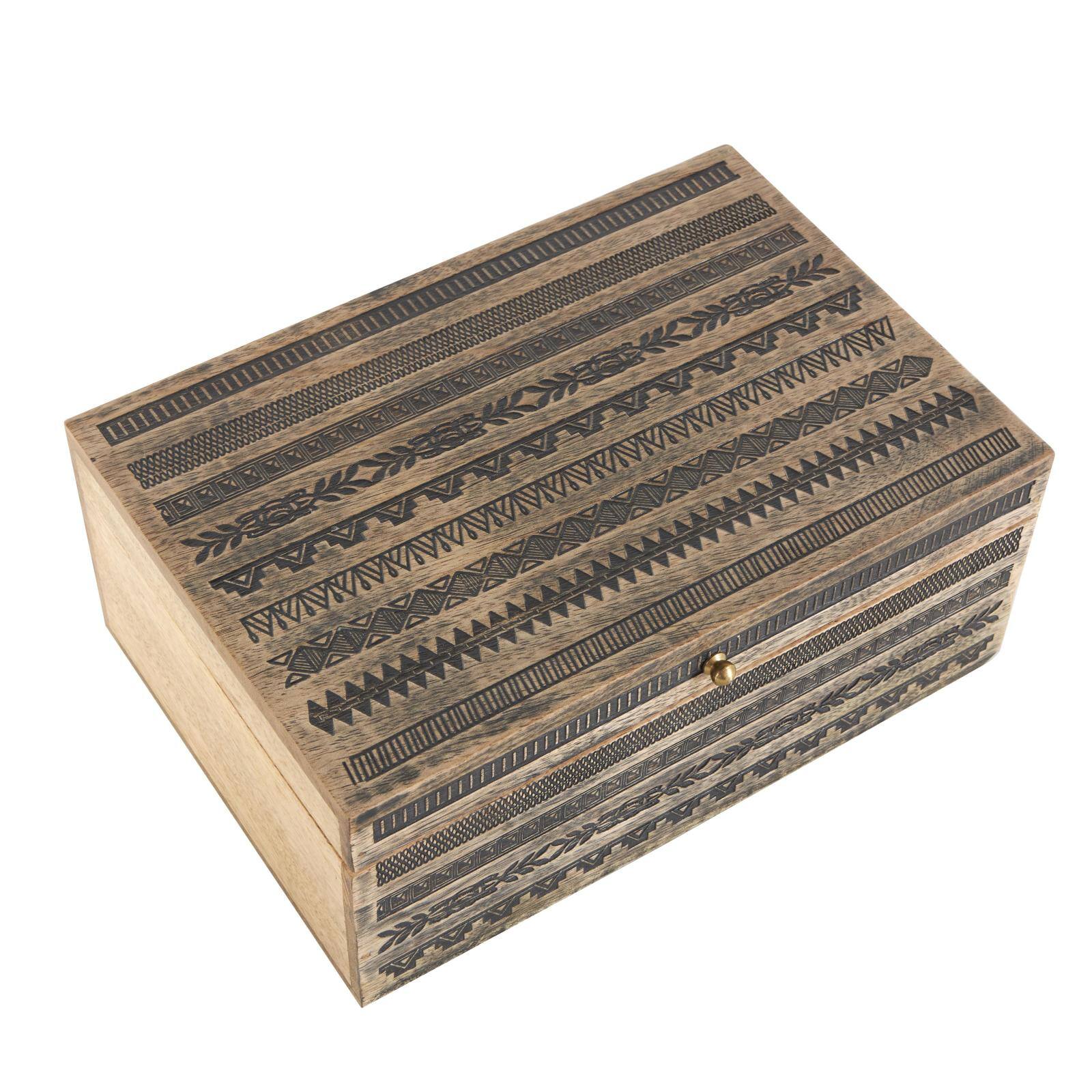 Brown Handmade Storage Box Set with Black Tribal Carvings &#x26; Gold Accents