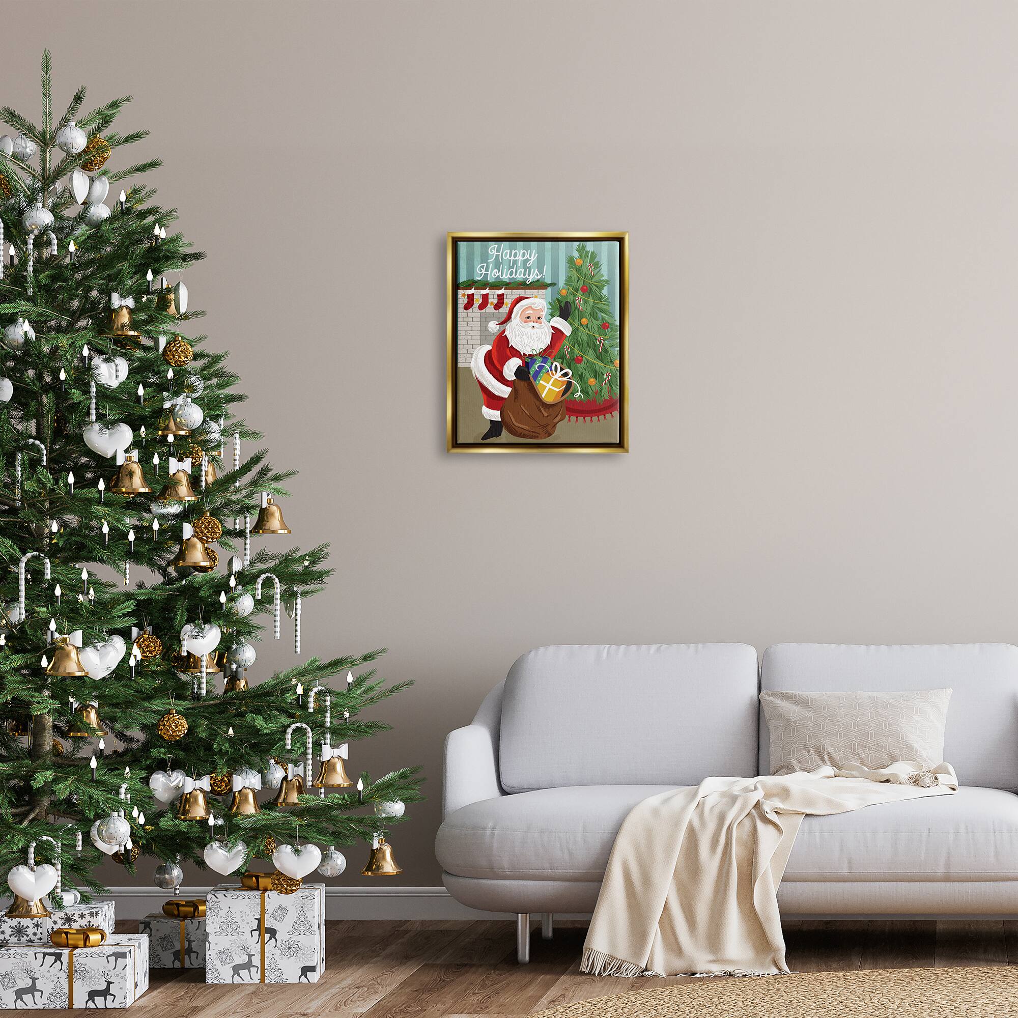 Stupell Industries Happy Holidays Santa Gift Bag Framed Floater Canvas Wall Art