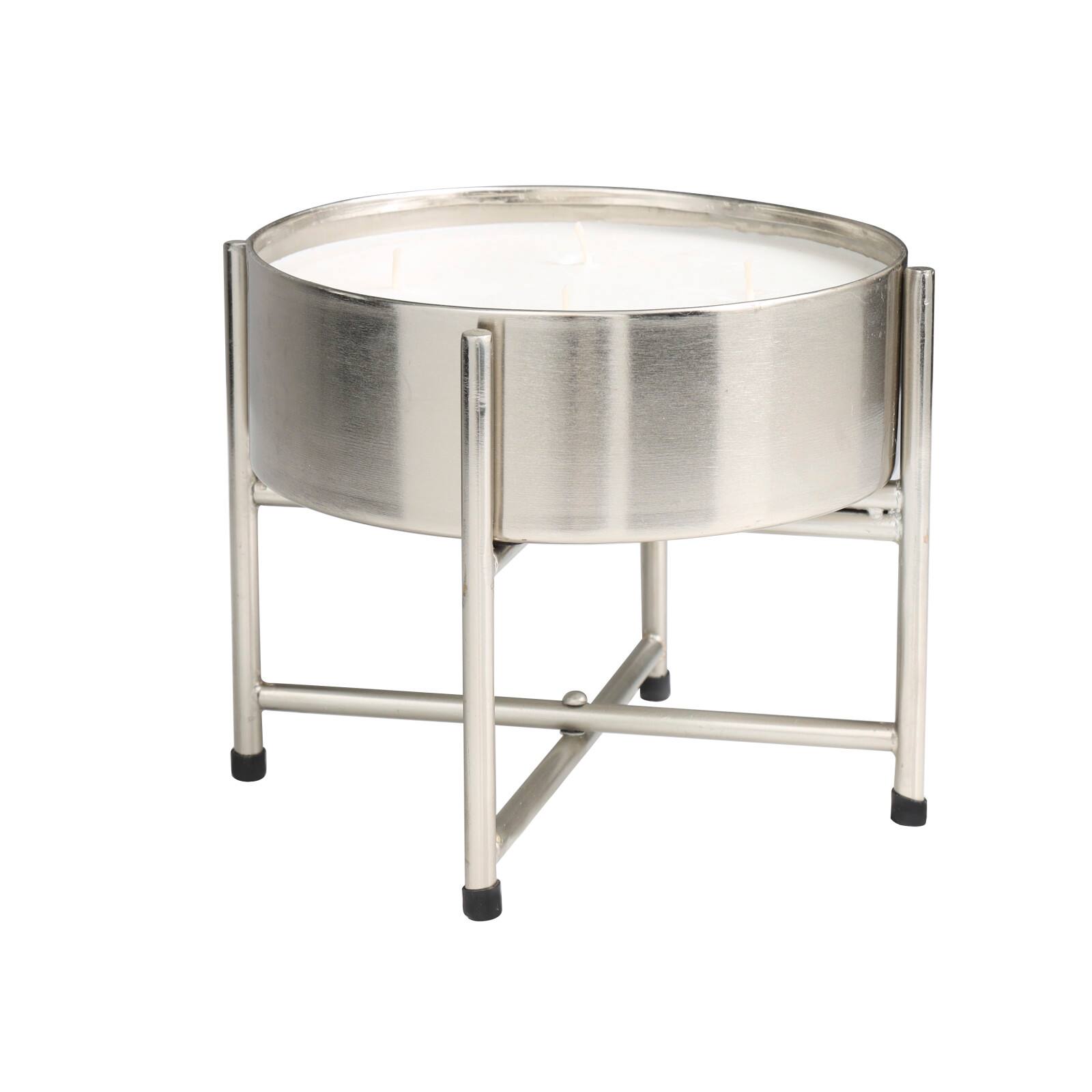 55oz. Sweet Bamboo Scented White 4 Wick Candle in Silver Bowl with Stand