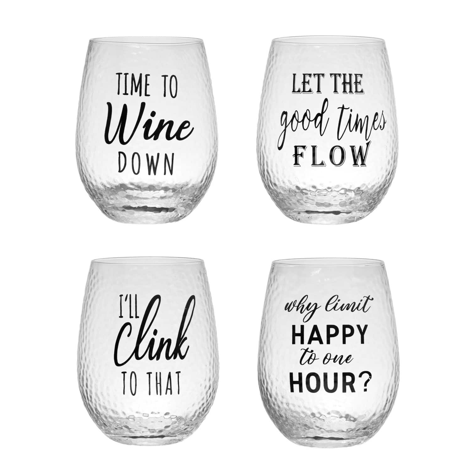 Hello Honey&#xAE; Happy Hour Sayings Stemless Wine Glasses Set