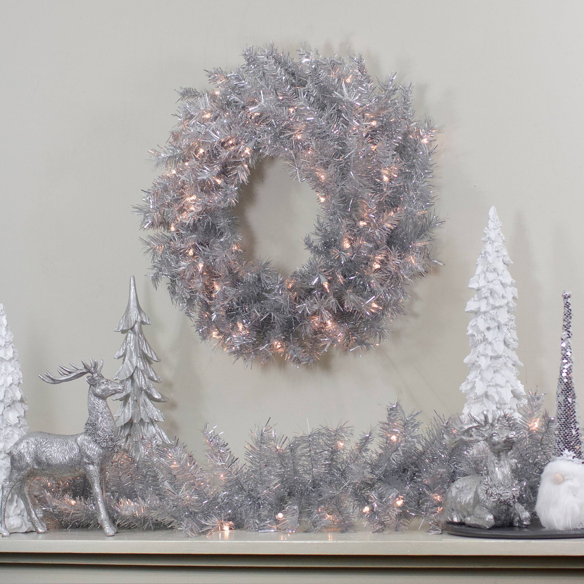 24" Pre-Lit Silver Tinsel Artificial Christmas Wreath