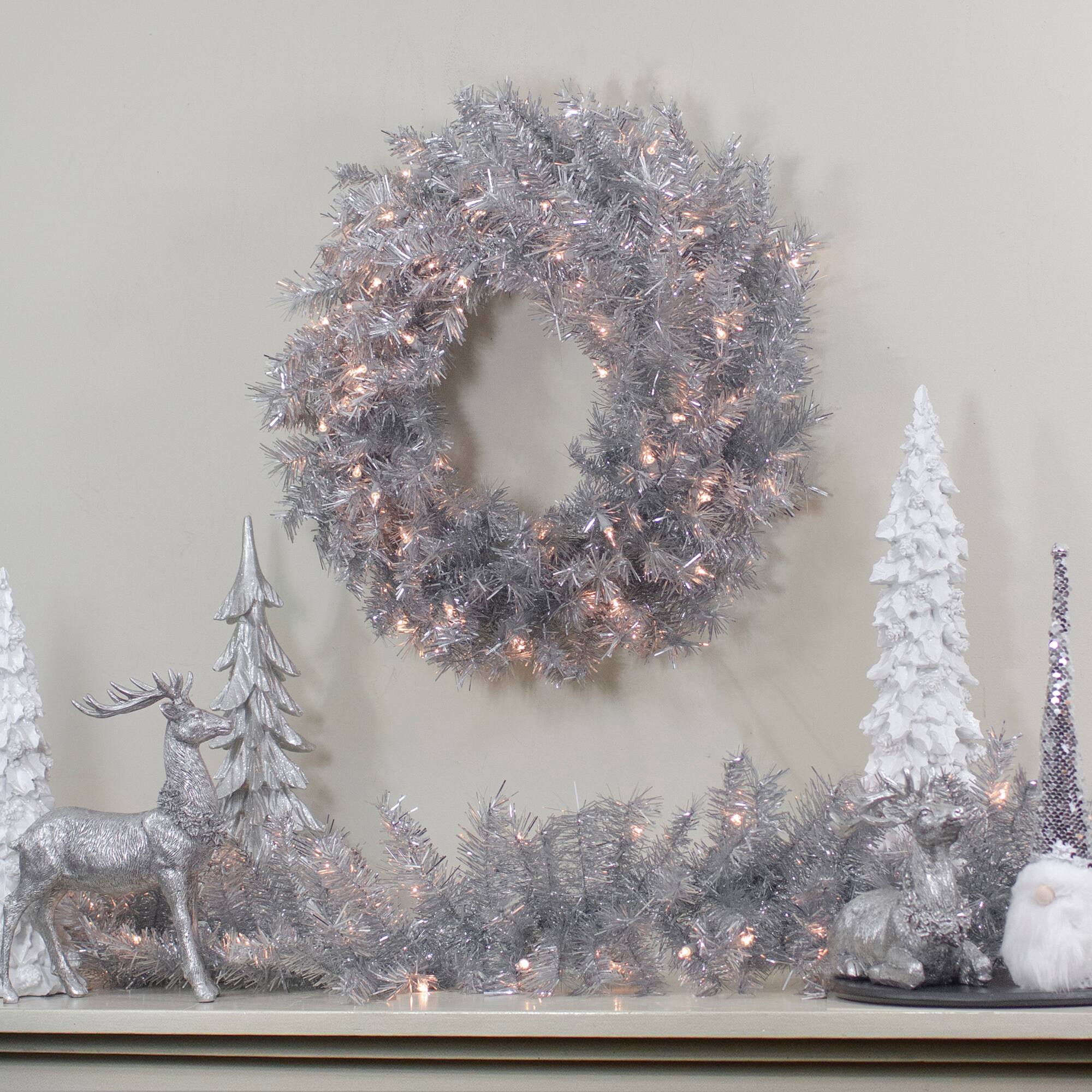 24&#x22; Pre-Lit Silver Tinsel Artificial Christmas Wreath