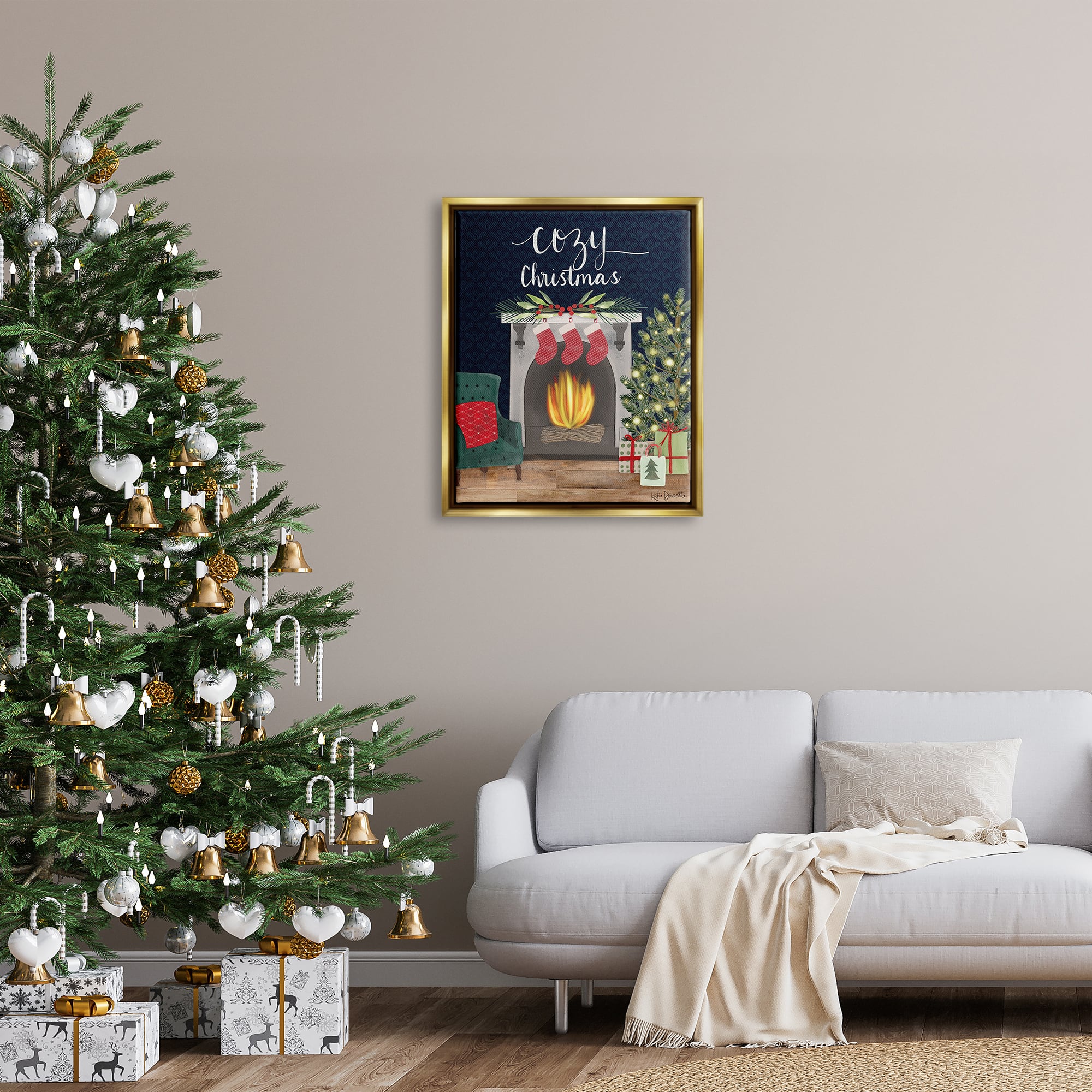 Stupell Industries Cozy Christmas Fireplace Mantel Framed Floater Canvas Wall Art
