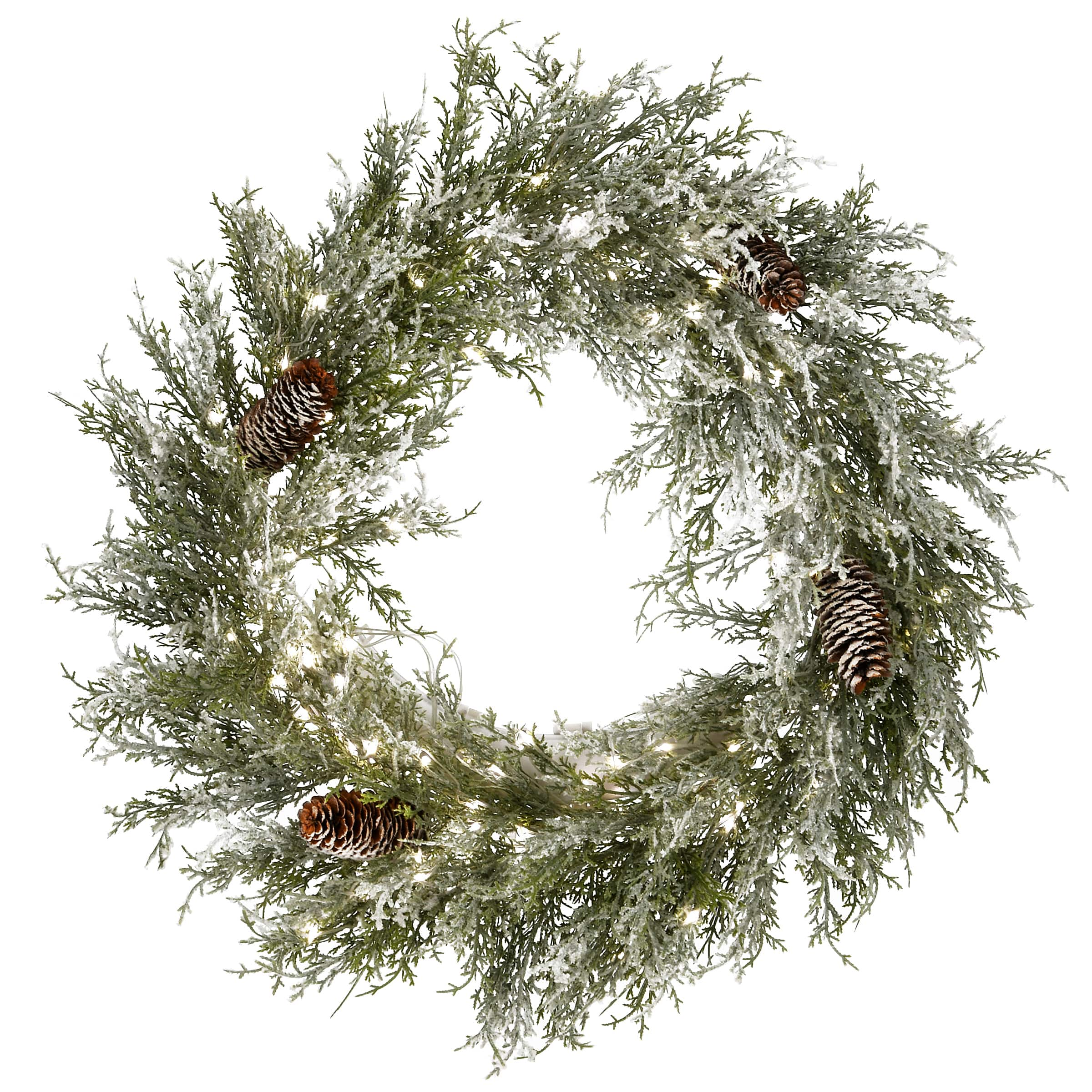 24&#x22; White LED Snowy Christmas Wreath with Pinecones