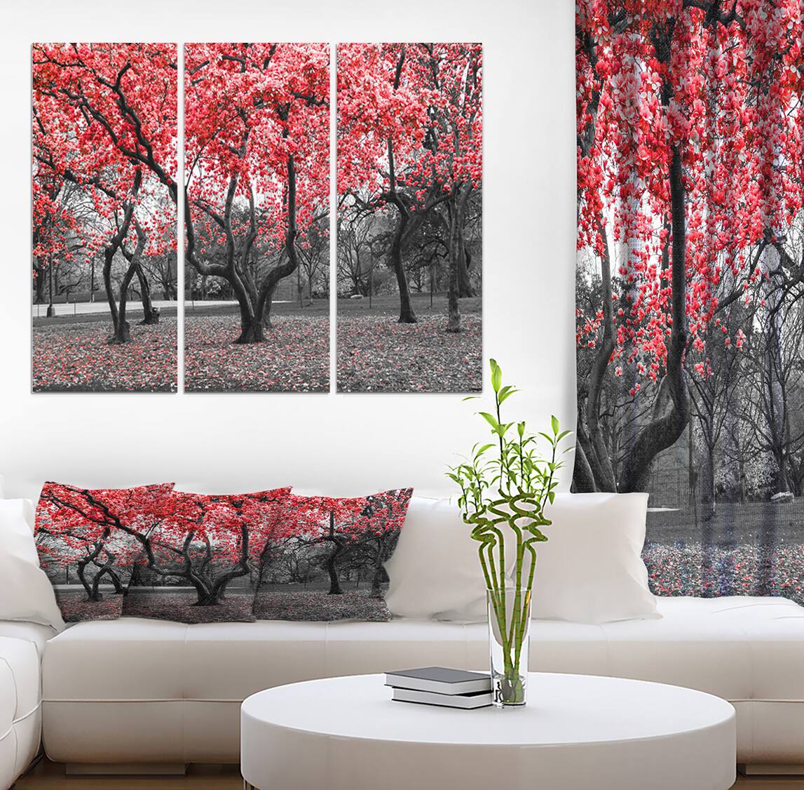 Designart - Red flower Trees Blossom - Floral Landscapes Photographic on Wrapped Canvas set