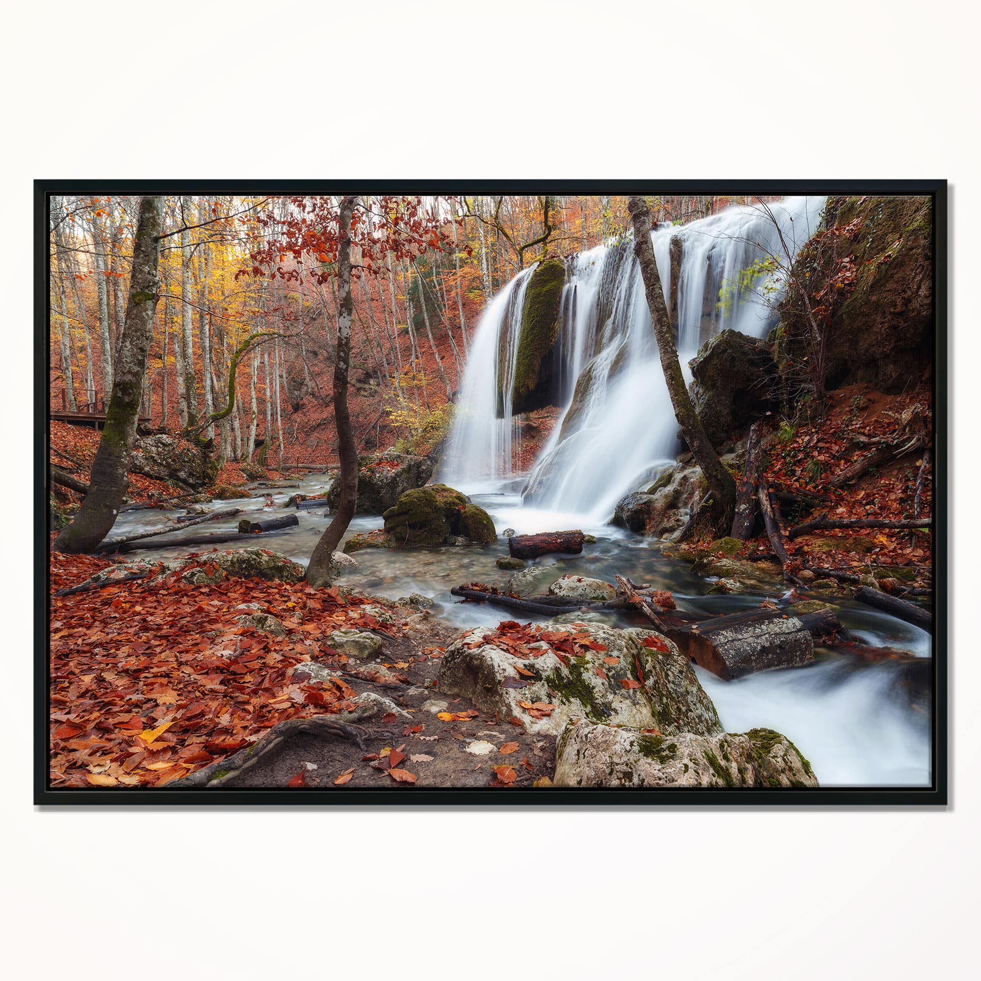 Designart - Crimea Waterfall in the Fall - Landscape Photo Canvas Art Print in Black Frame