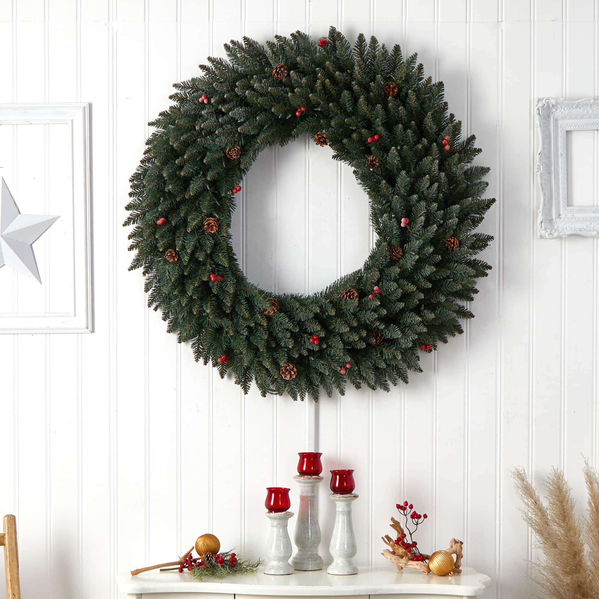 4ft. Clear LED Lights Flocked Artificial Christmas Wreath With Pinecones & Berries