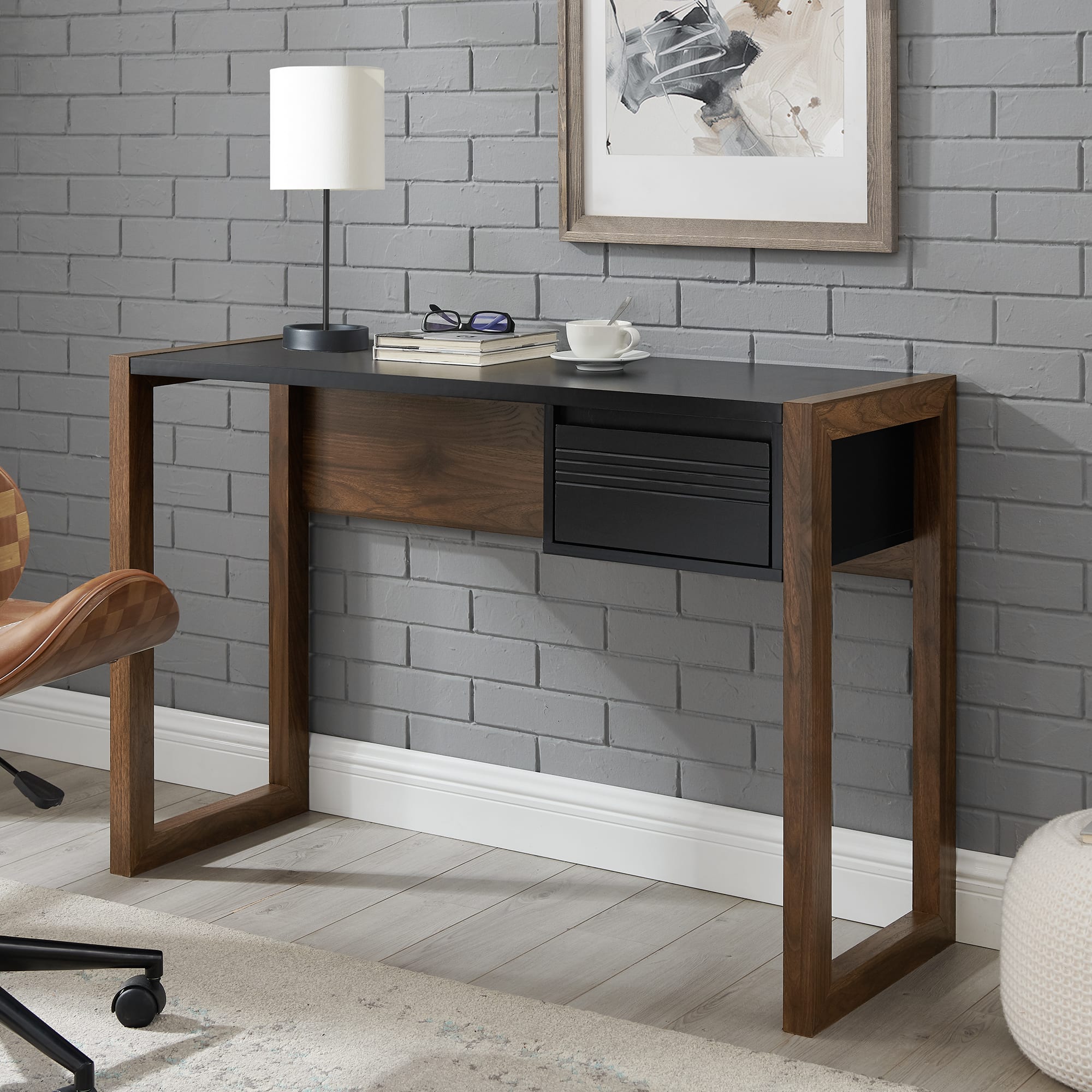 Walker Edison 46" Dark Walnut/Solid Black Fluted Drawer Writing Desk