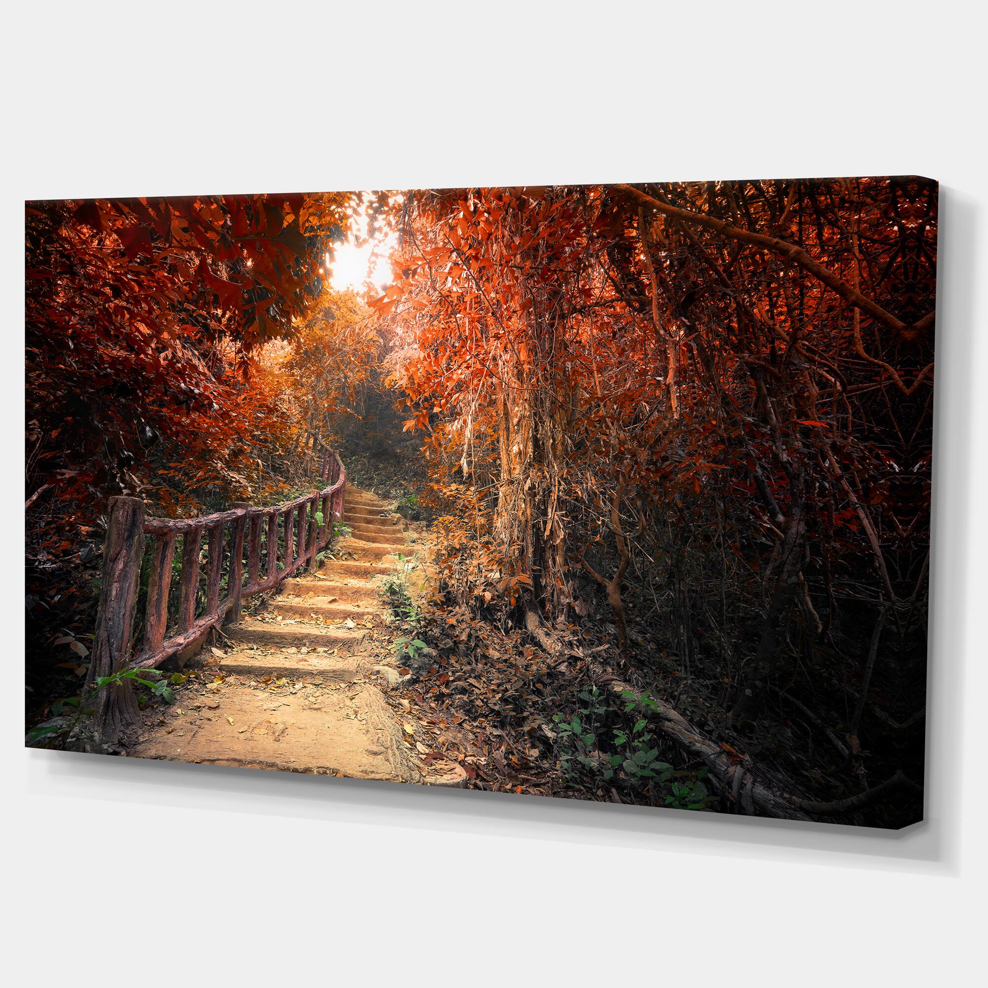 Designart - Stairway Through Red Fall Forest - Landscape Photography Canvas Print