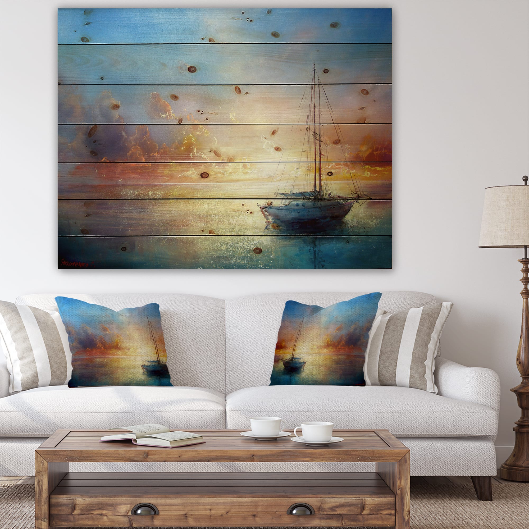 Designart - Seascape Pier - Seascape Print on Natural Pine Wood