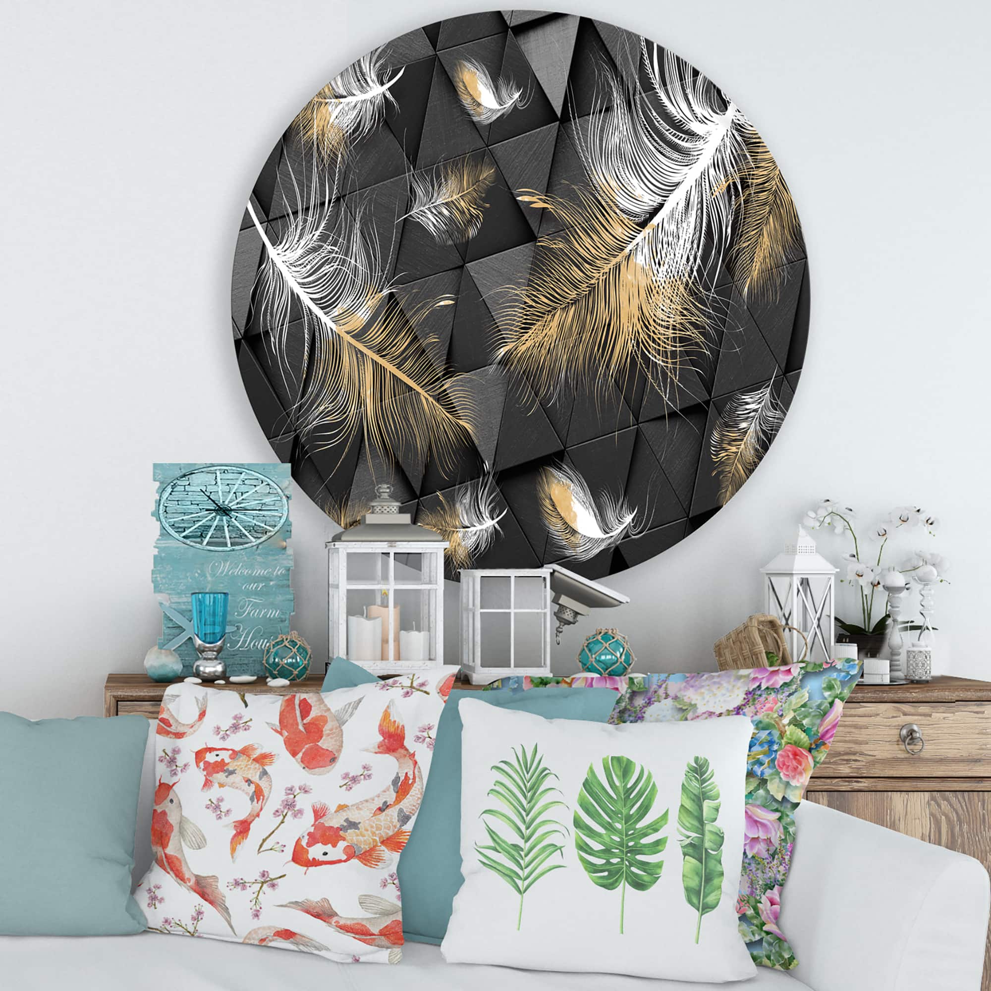 Designart - White and Gold Feathers On Triangular - Modern Metal Circle Wall Art