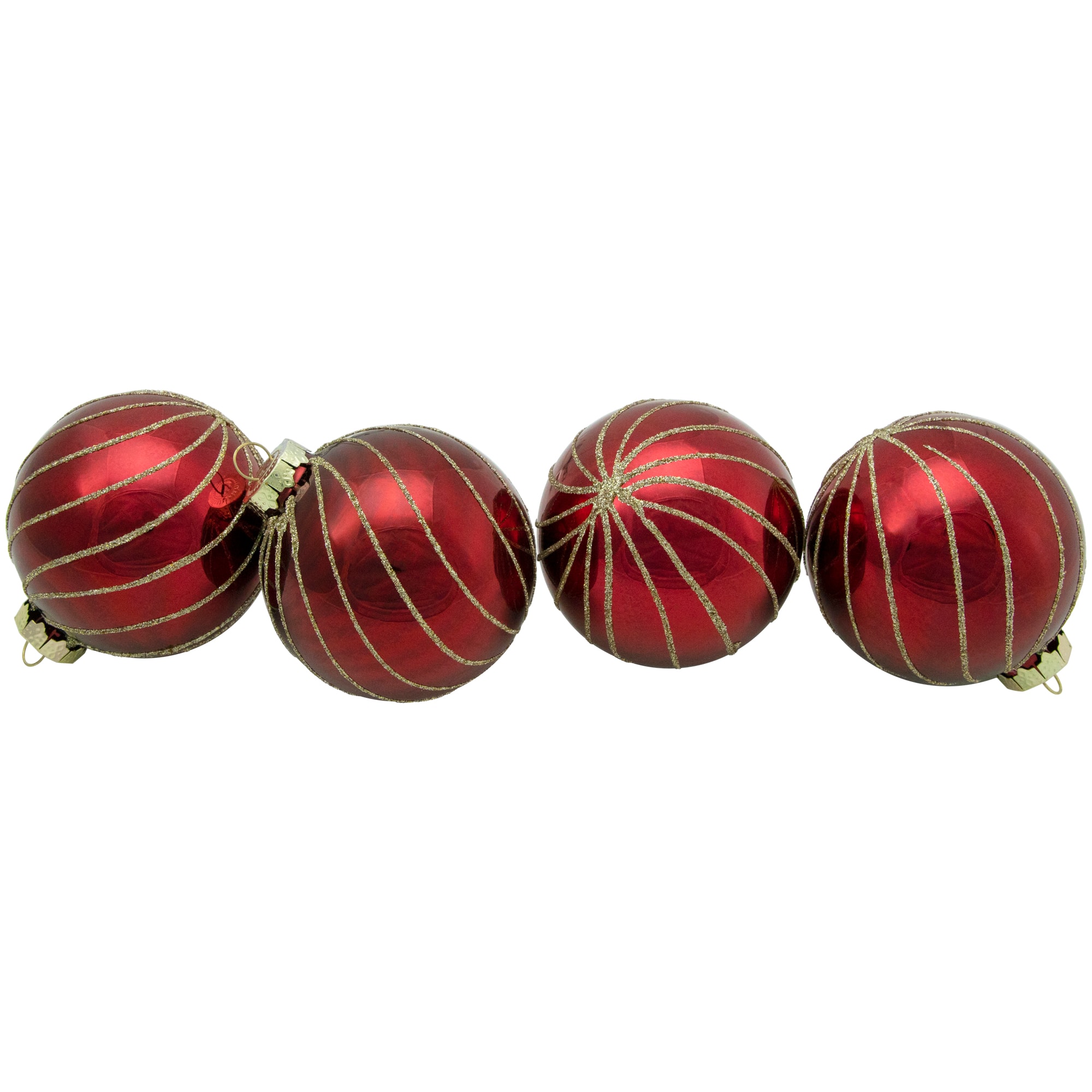 4ct. 3" Burgundy Red and Gold Glitter Striped Glass Christmas Ball Ornaments