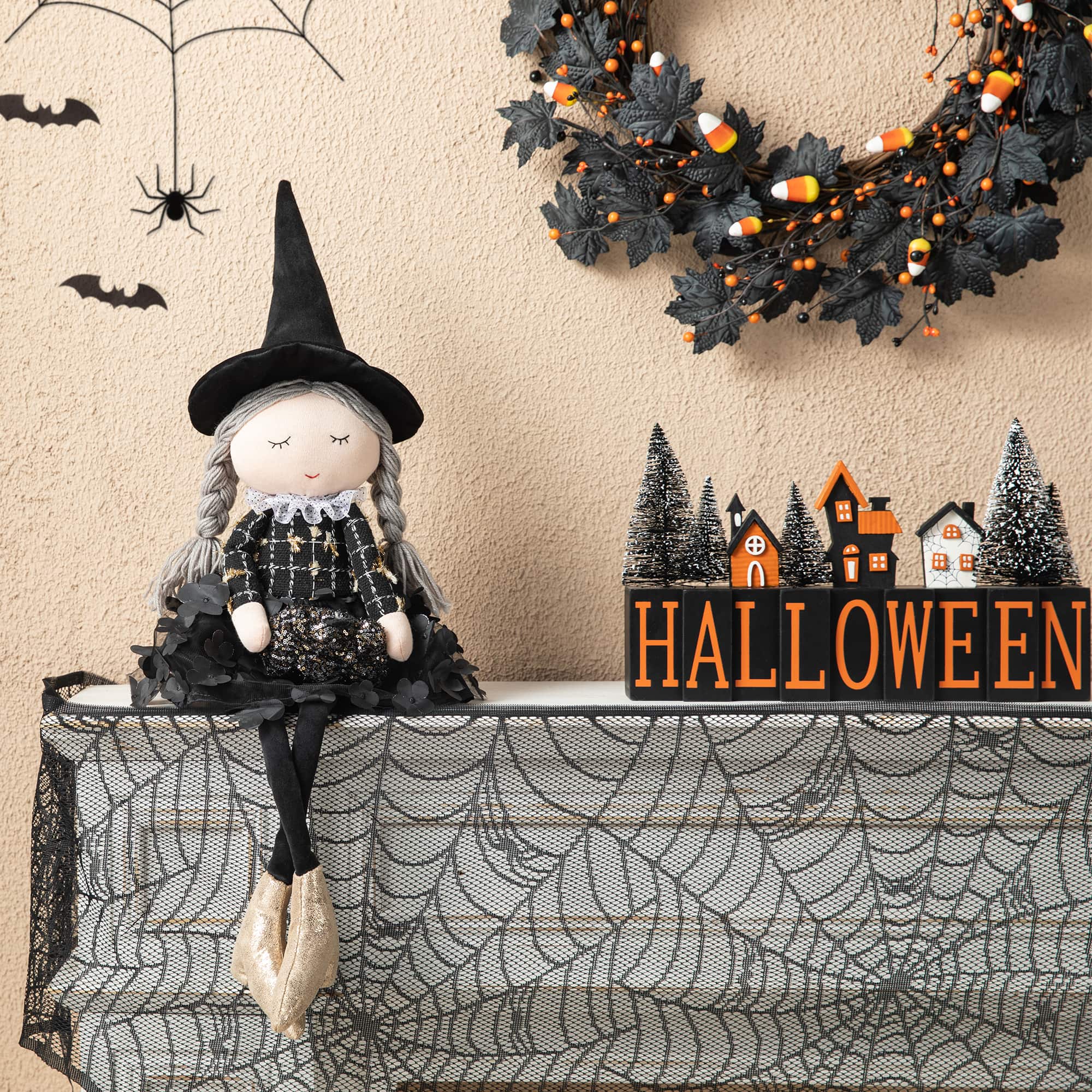 Glitzhome&#xAE; 29&#x22; Halloween Fabric Dressed Witch Sitter