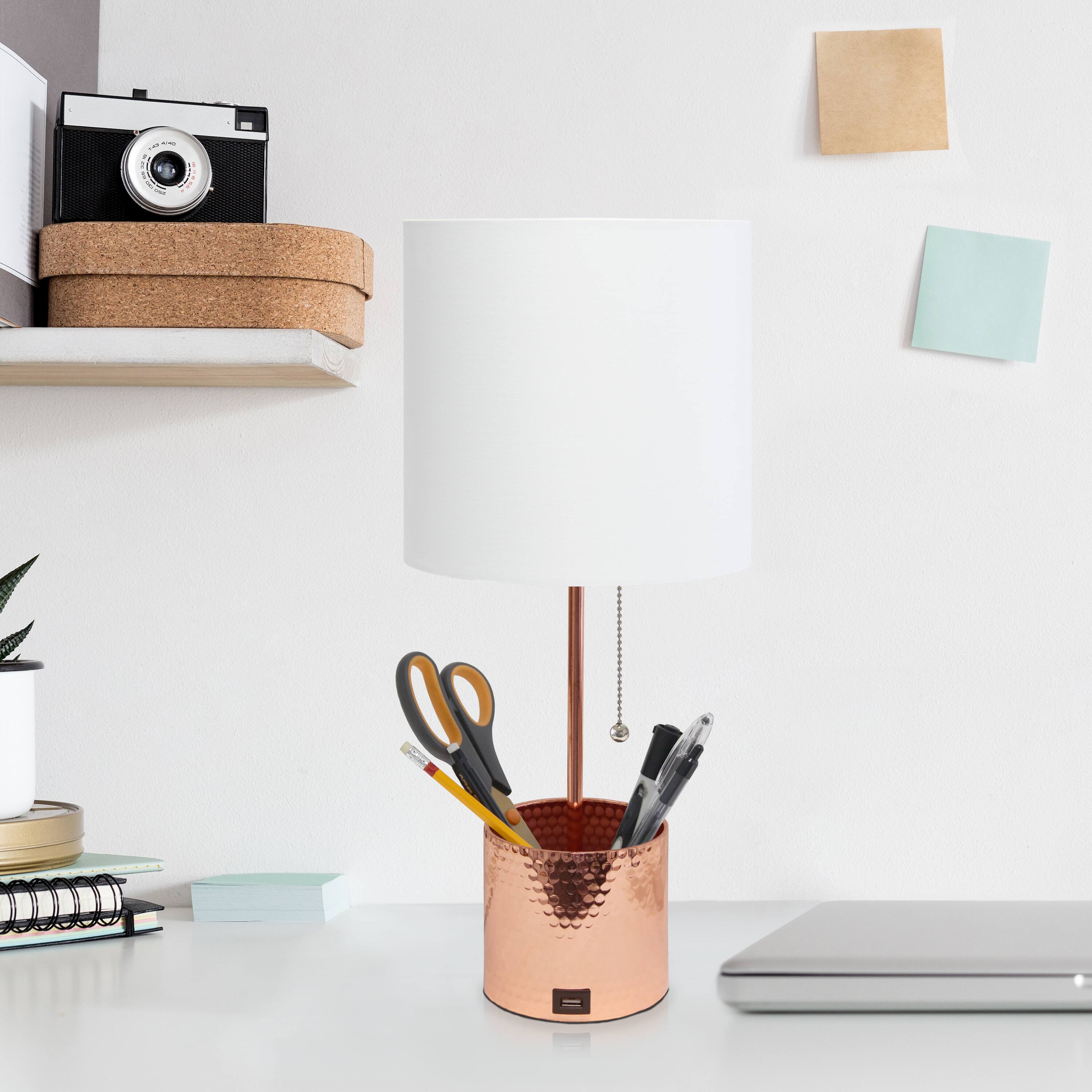 Simple Designs 18.5&#x22; Hammered Metal Container Base Table Lamp with USB Charging Port