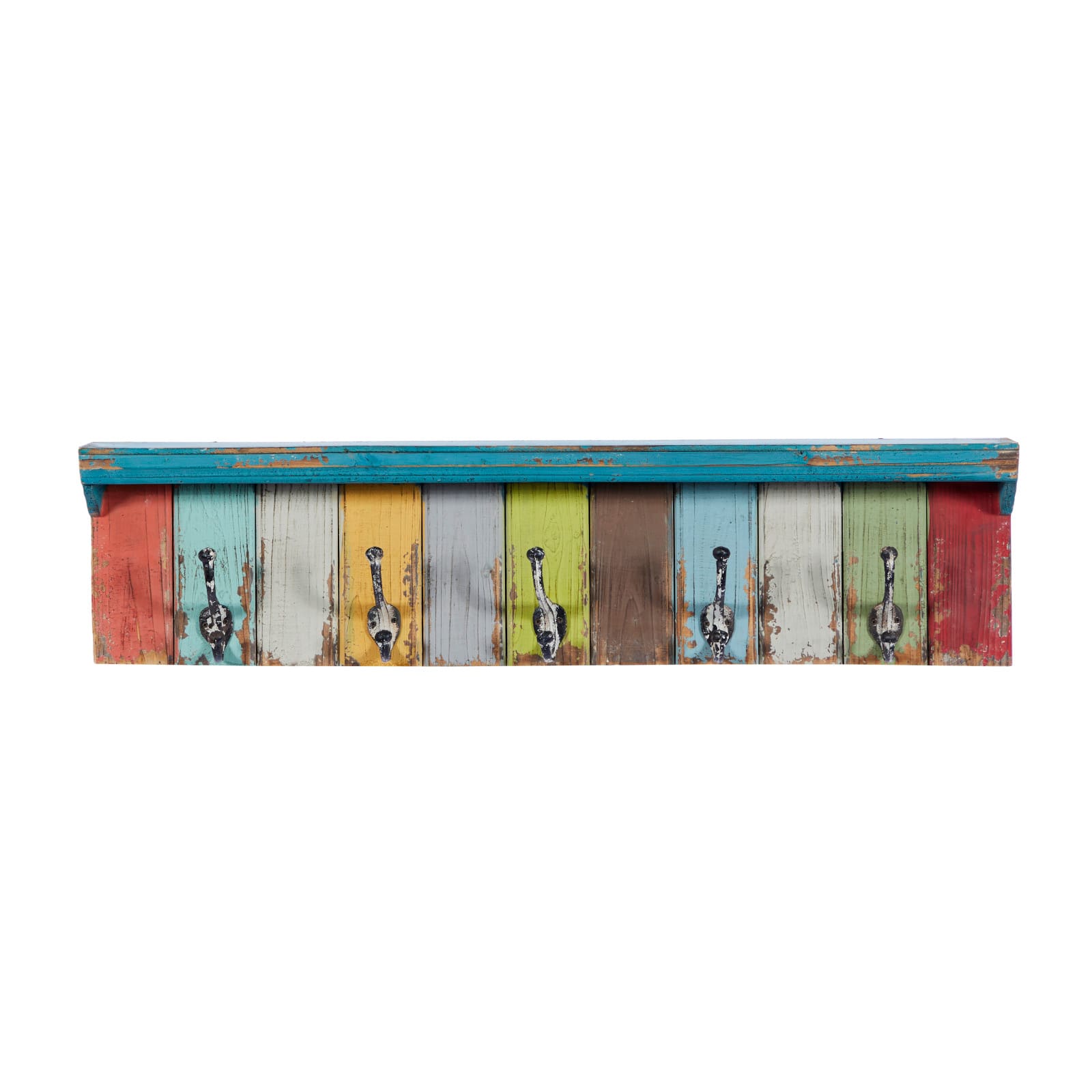 Multi Color Wood Coastal Wall Hooks with Shelf, 9&#x22; x 35&#x22; x 5&#x22;