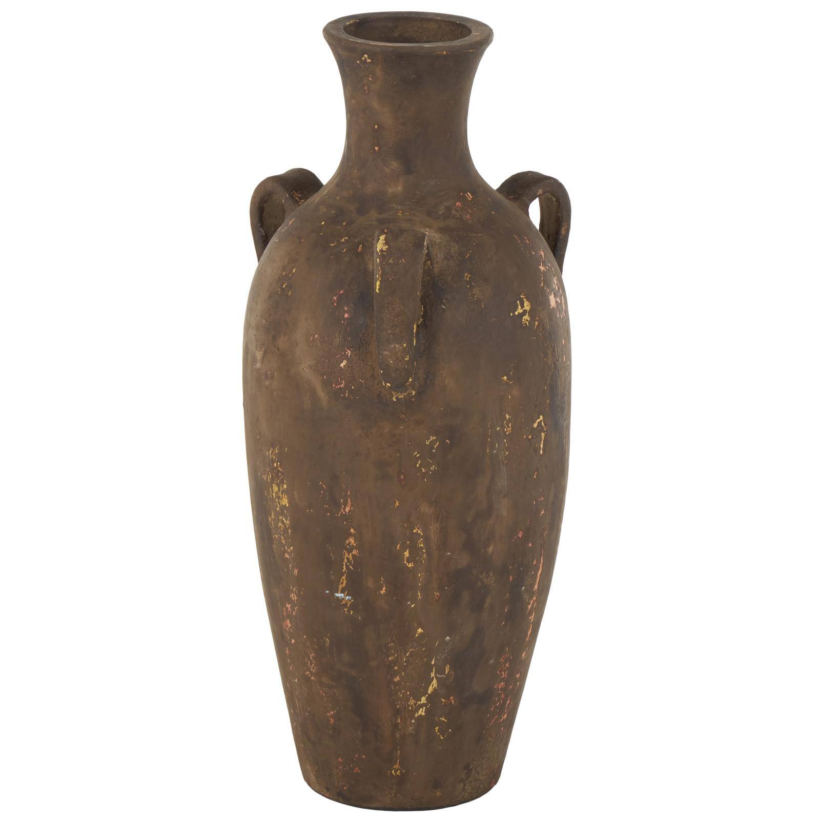 24.5" Dark Brown Ceramic Antique Style Distressed Decorative Vase with Handles