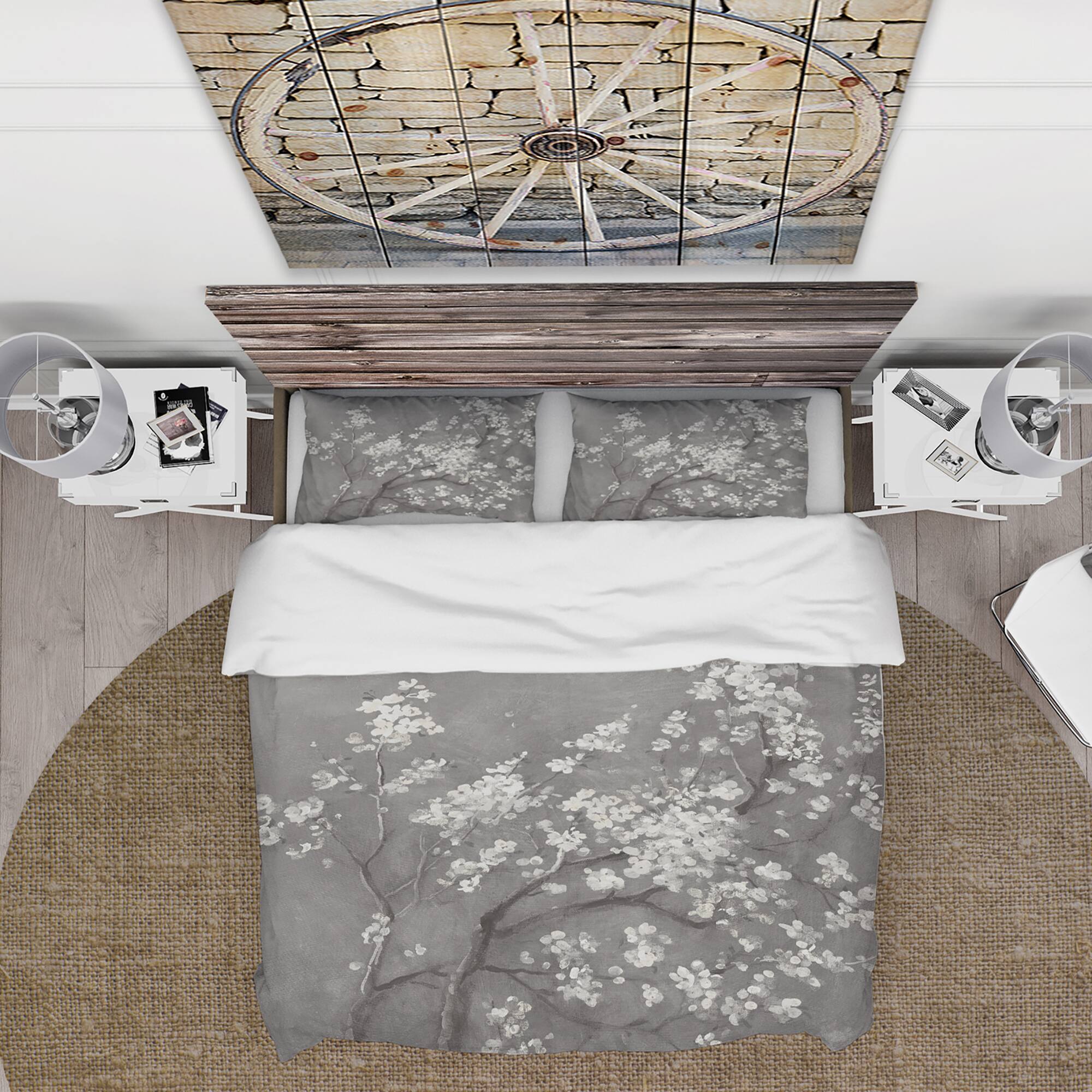 Designart &#x27;White Cherry Blossoms I&#x27; Farmhouse Bedding Set - Duvet Cover &#x26; Shams