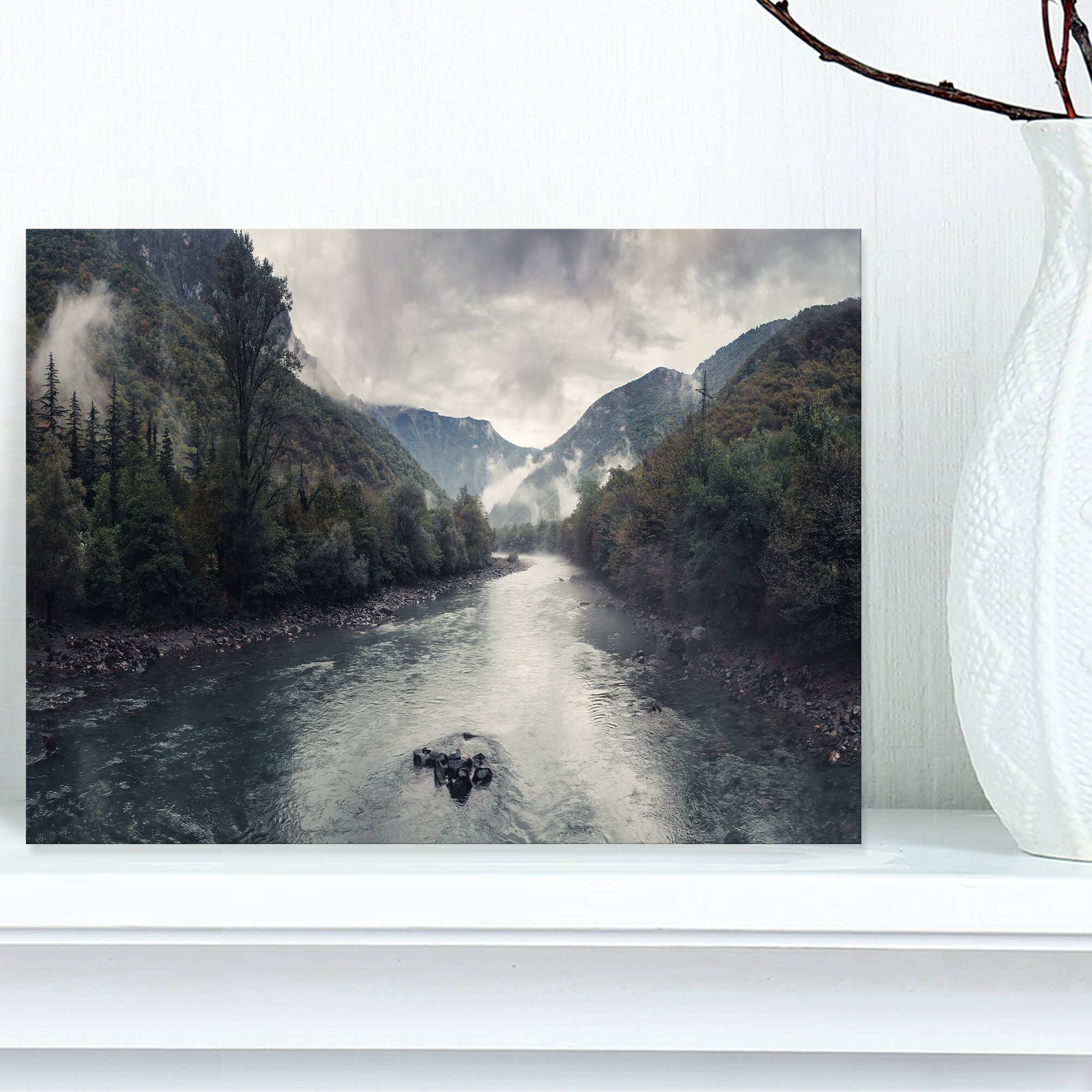 Designart - Mountain River with Fog and Rain - Modern Seascape Canvas Artwork