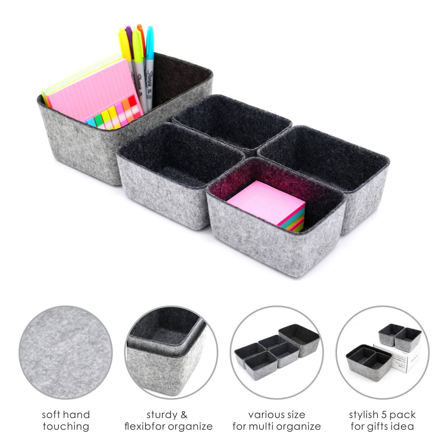 Welaxy Felt 5 Piece Drawer Organizer Bins