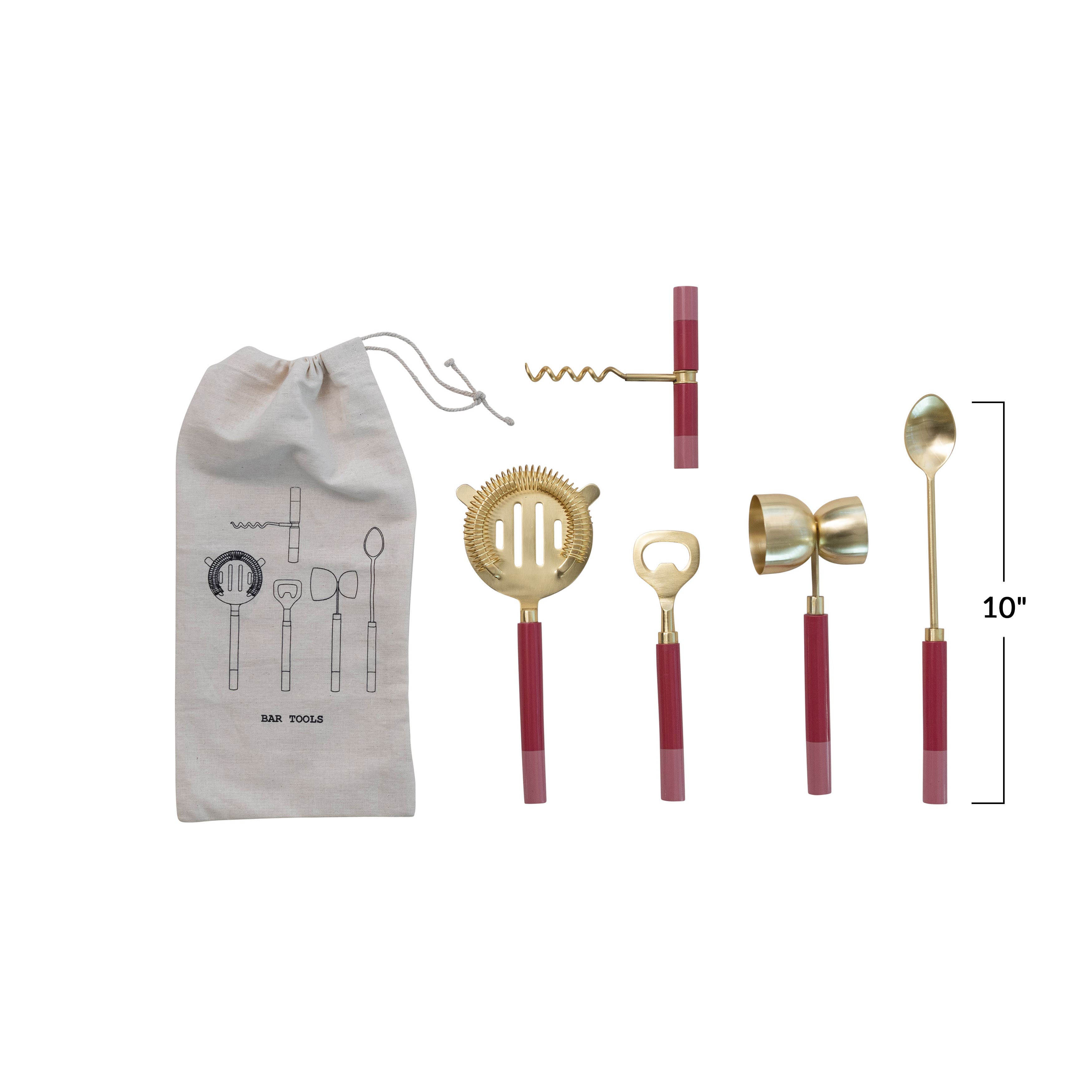 Gold Finish Stainless Steel Bar Tools with Two-Tone Handles in Drawstring Bag