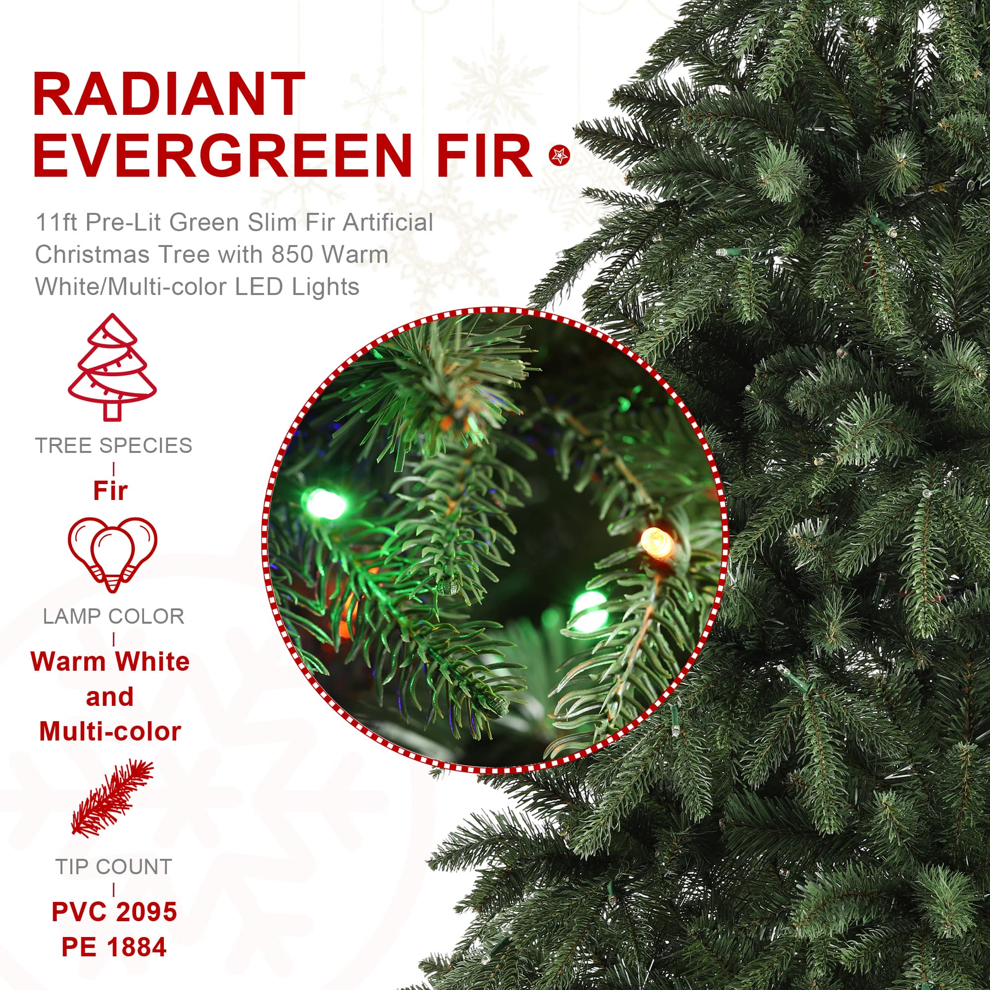 Glitzhome&#xAE; 11ft Pre-Lit Green Slim Fir Artificial Christmas Tree, Multicolor LED Lights