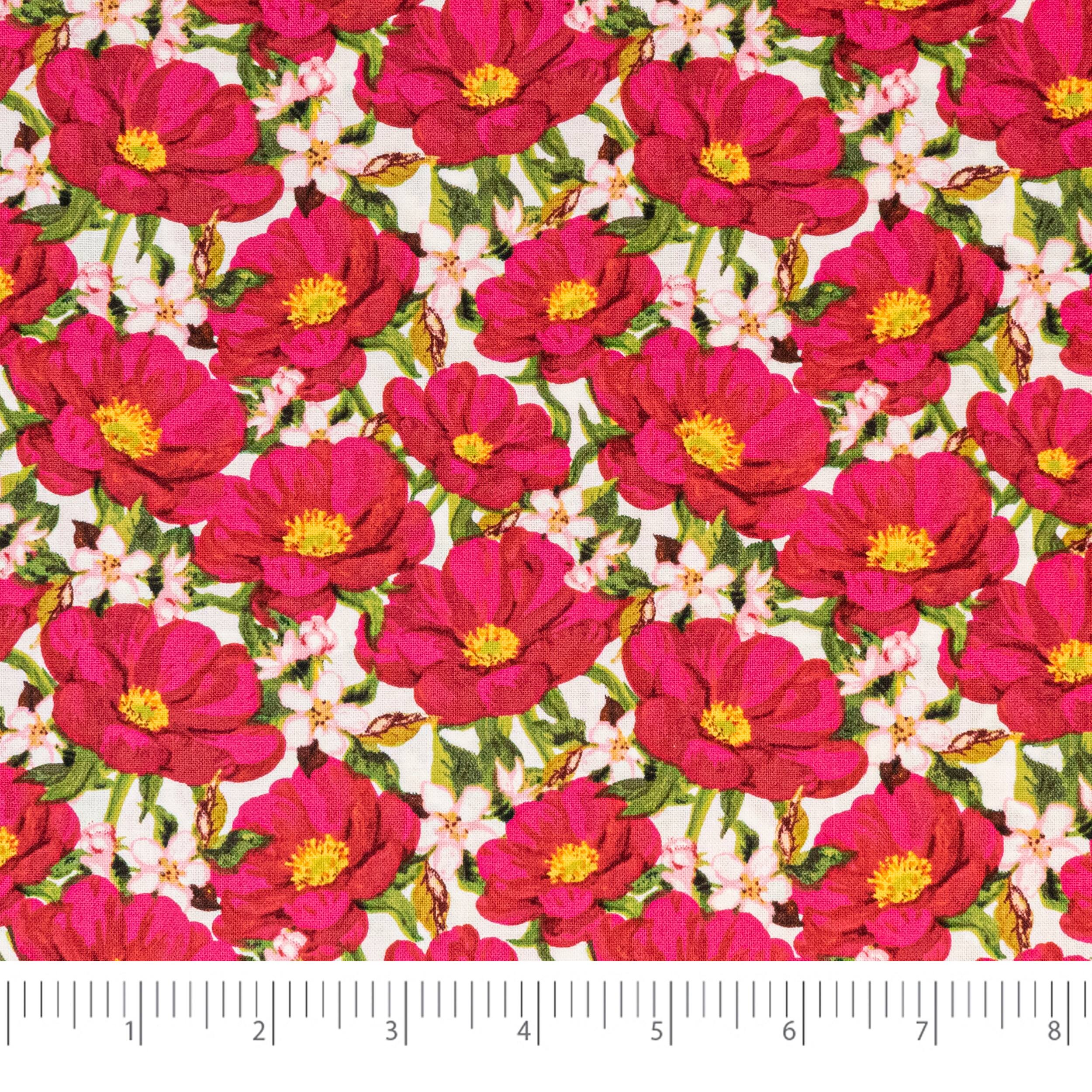 SINGER Pink Flowers on White Cotton Fabric