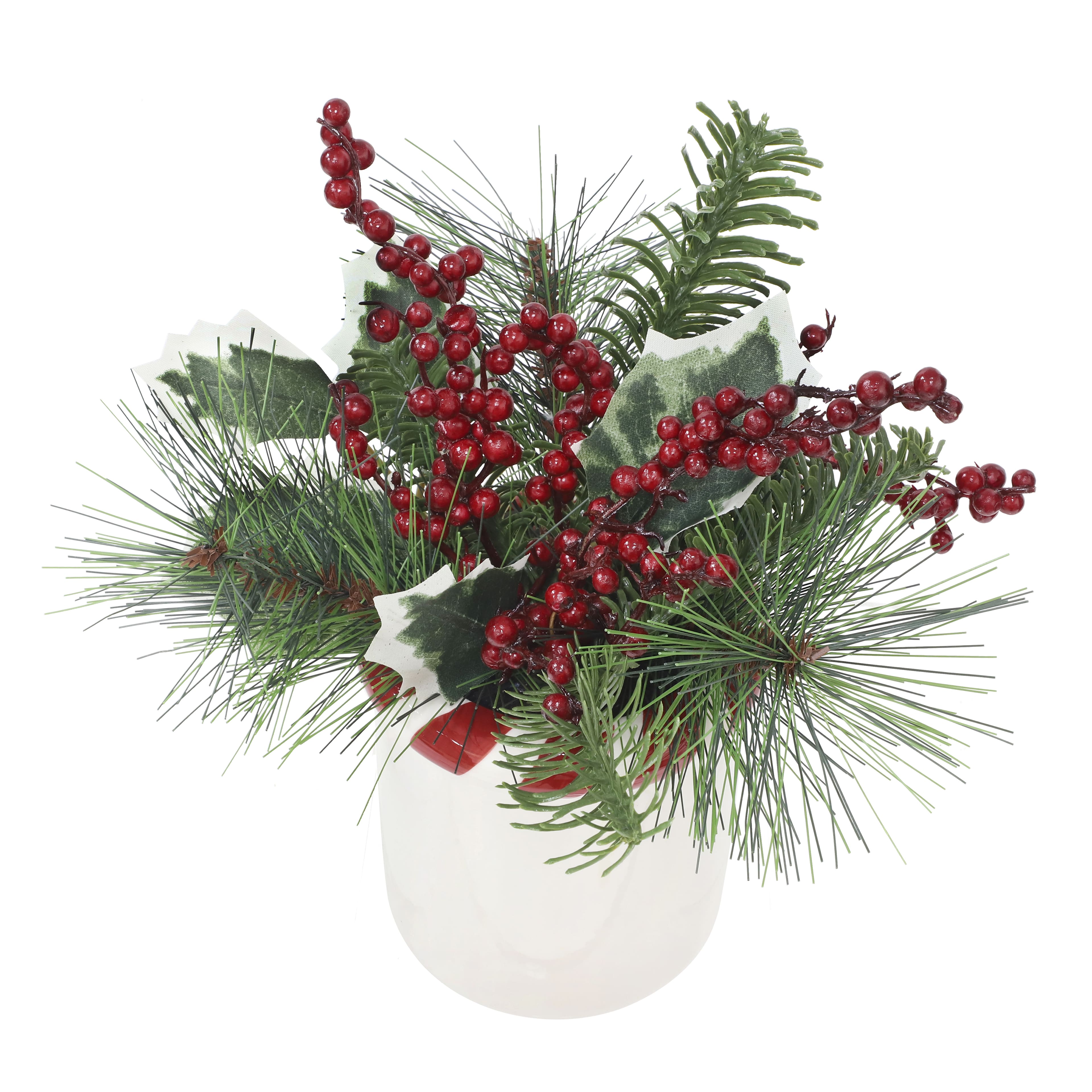 9.5&#x22; Green Pine &#x26; Red Berry Arrangement in White Ceramic Pot with Striped Rim by Ashland&#xAE;