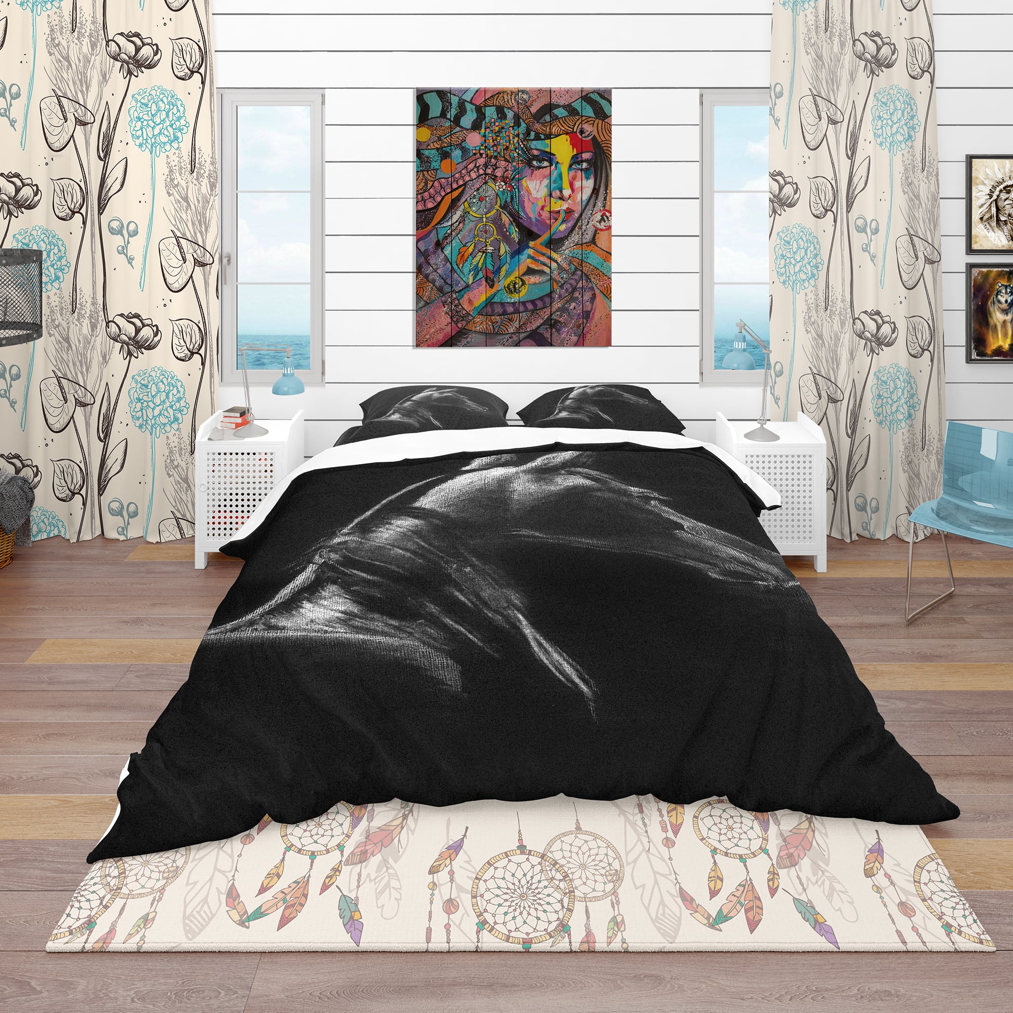 Designart &#x27;Horse in Black Background&#x27; Southwestern Bedding Set - Duvet Cover &#x26; Shams
