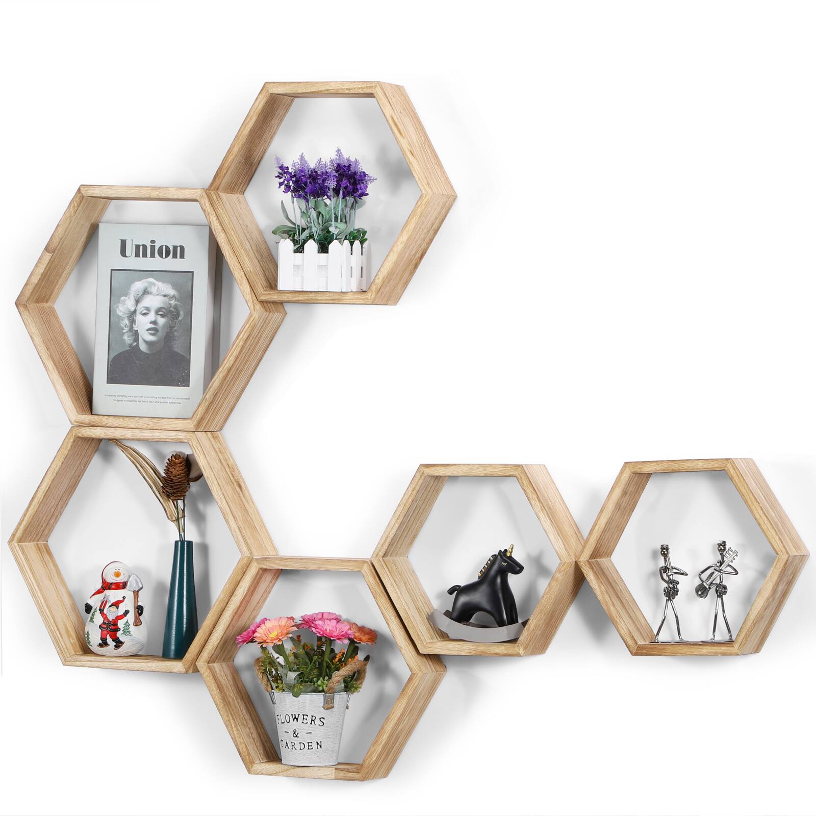 NEX™ Light Brown Hexagon Floating Wood Shelves Set