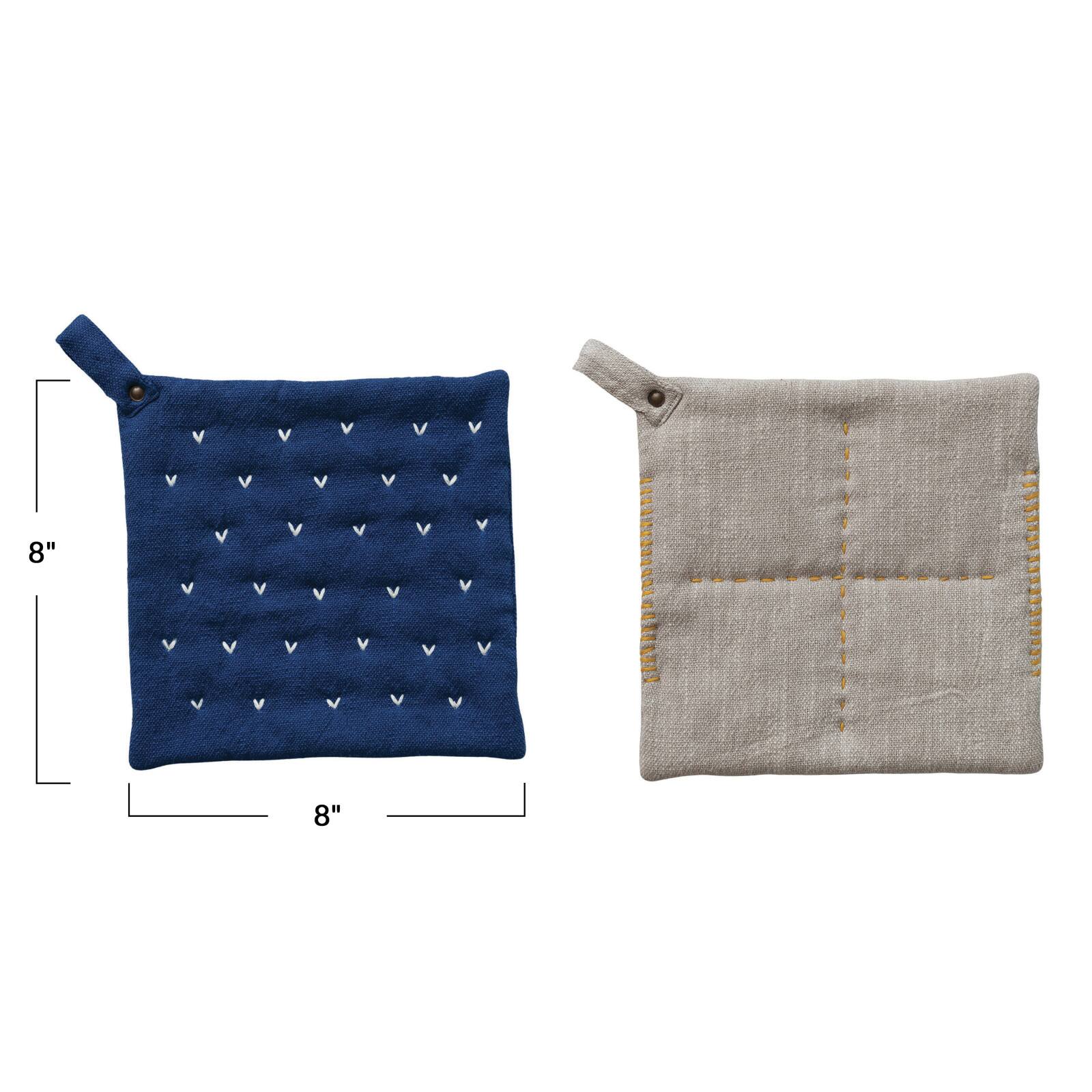 Hello Honey® Blue & Gray Hand-Embroidered Cotton Slub Pot Holders Set