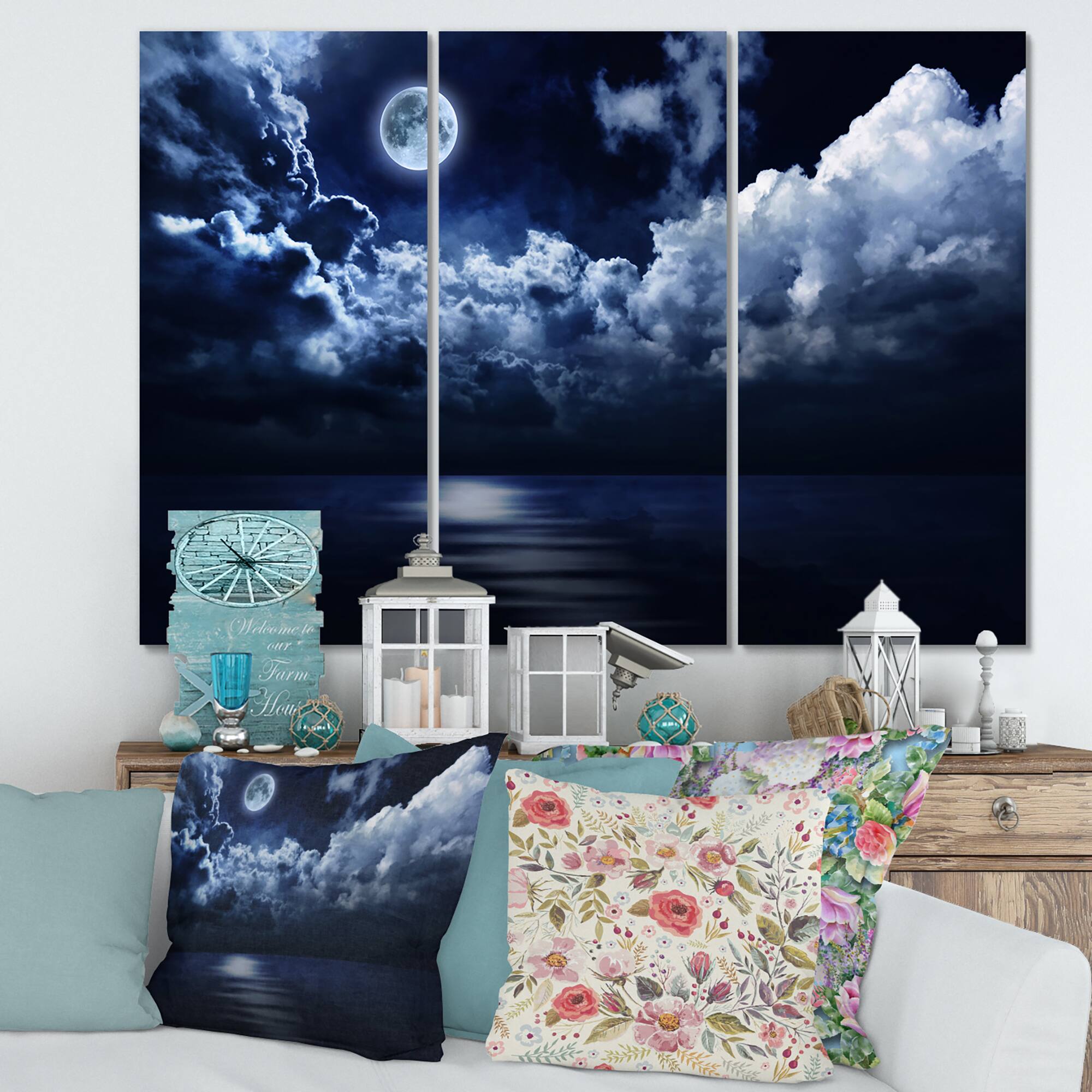 Designart - Full Moon in Cloudy Night Sky - Modern Canvas Wall Art Print
