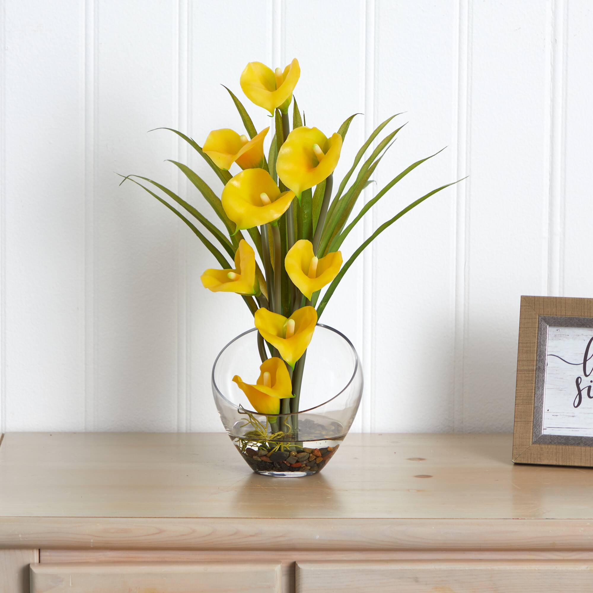 15.5" Yellow Calla Lily and Grass Arrangement in Vase