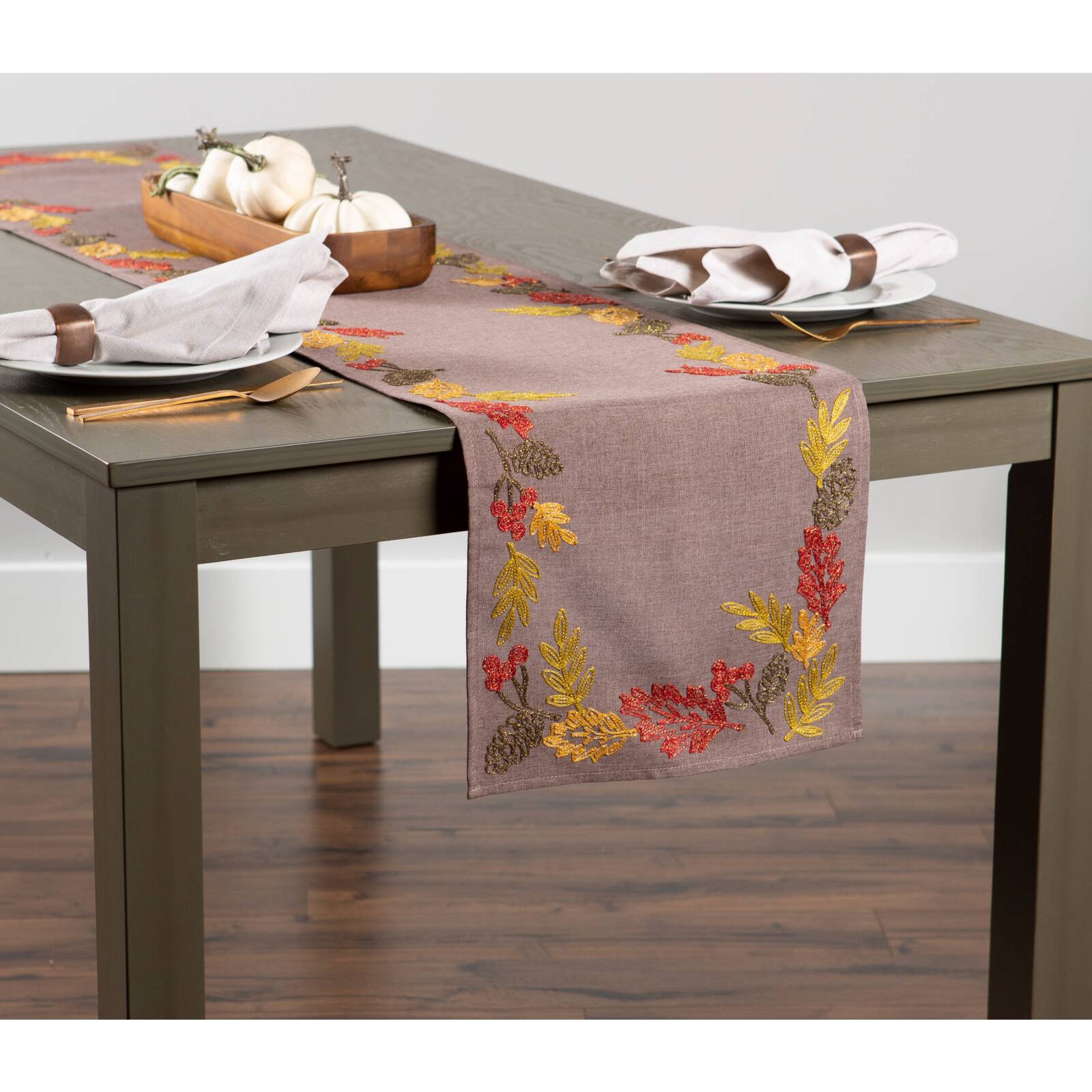 DII&#xAE; 70&#x22; Shimmering Leaves Embroidered Table Runner