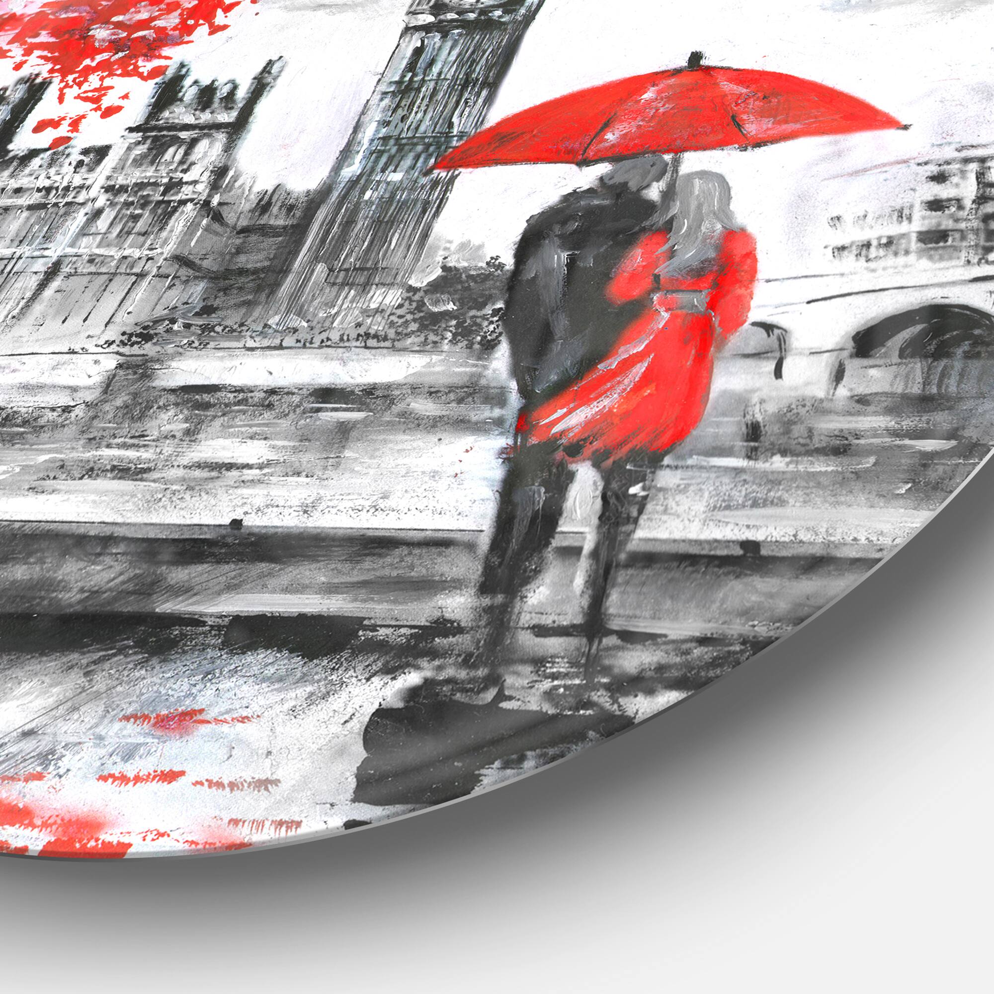 Designart - Couples Walking in London' Landscape Round Circle Metal Wall Art