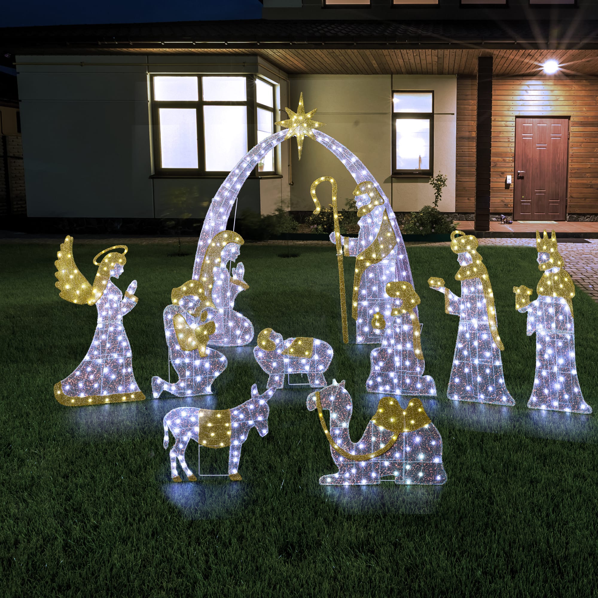 Glitzhome&#xAE; 55&#x22;H Lighted Christmas 2D Iridescent Fabric Nativity Scene Outdoor Decor Set