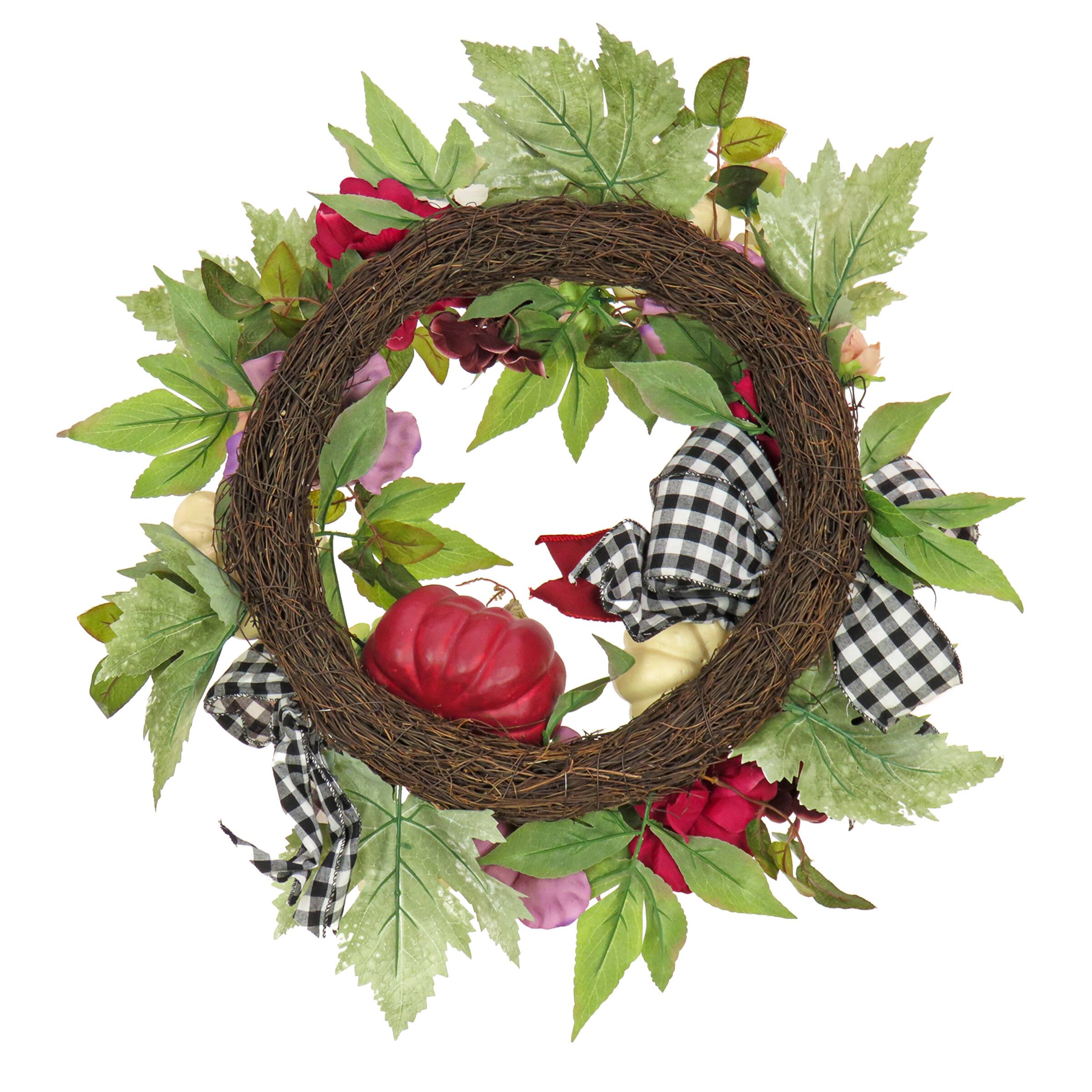 22" Harvest Wreath Decoration with Peony, Pumpkin and Bow