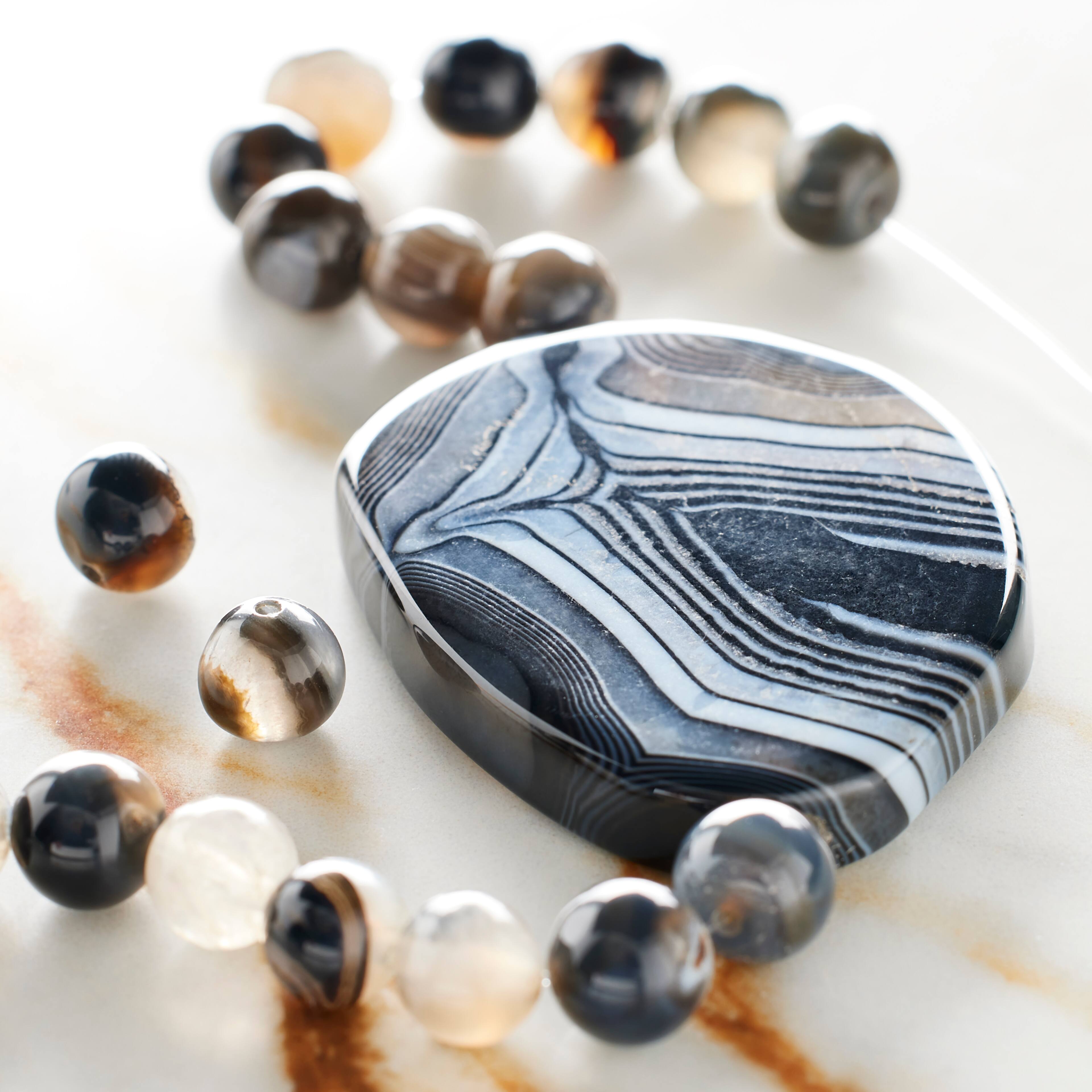 12 Pack: Black Agate Round Beads with Centre Piece by Bead Landing™
