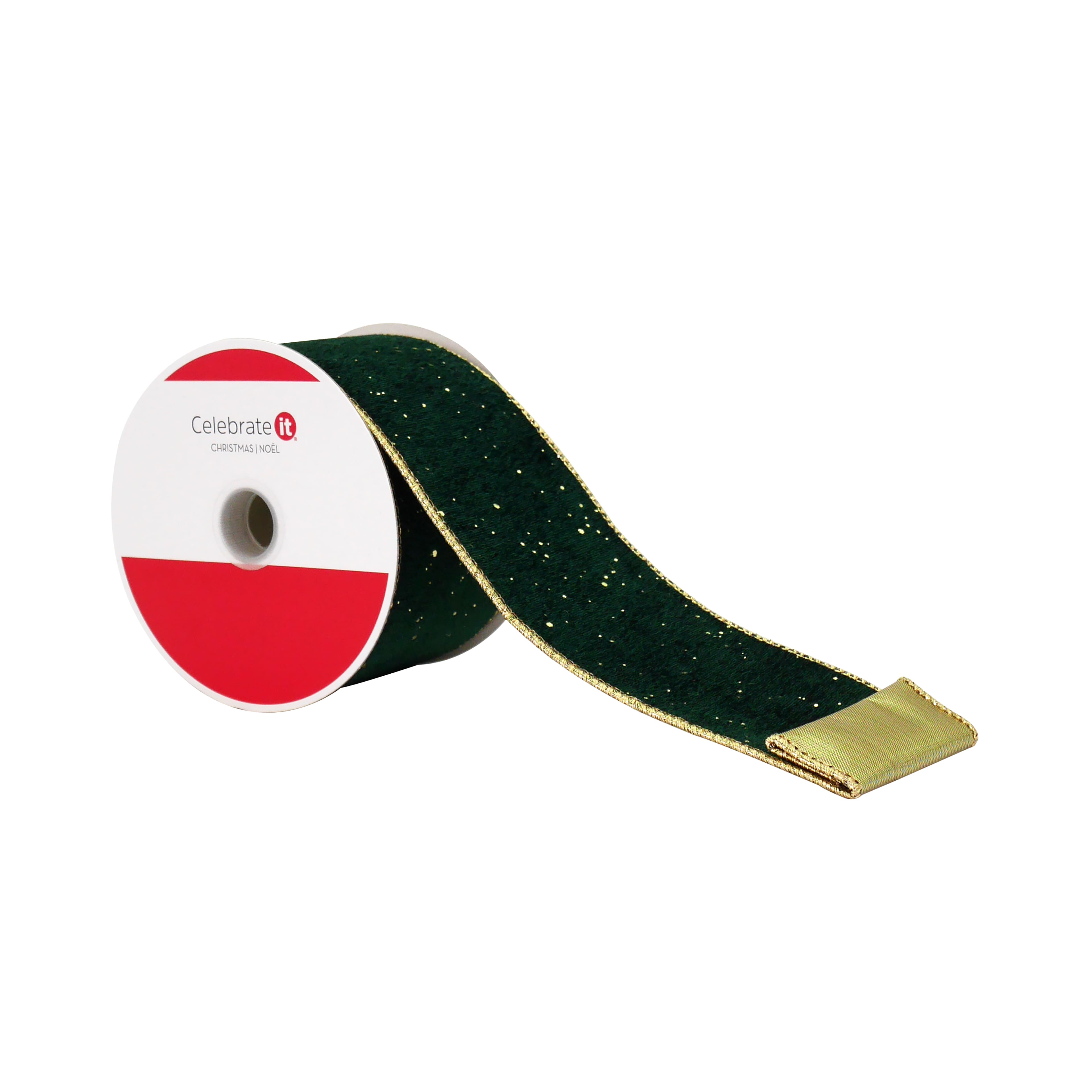 2.5&#x22; x 20ft. Green &#x26; Gold Wired Velvet Ribbon by Celebrate It&#xAE;