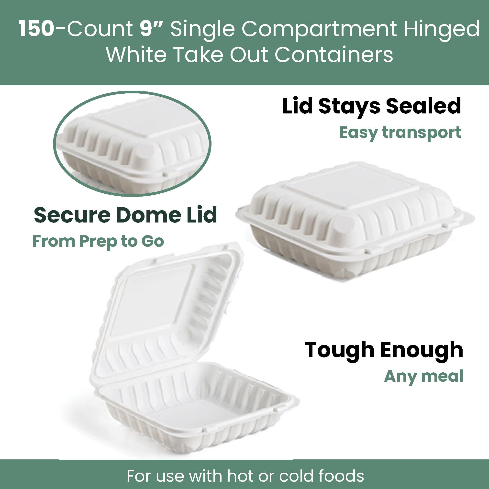 9" White Single-Compartment Clamshell Take Out Containers, 150ct.