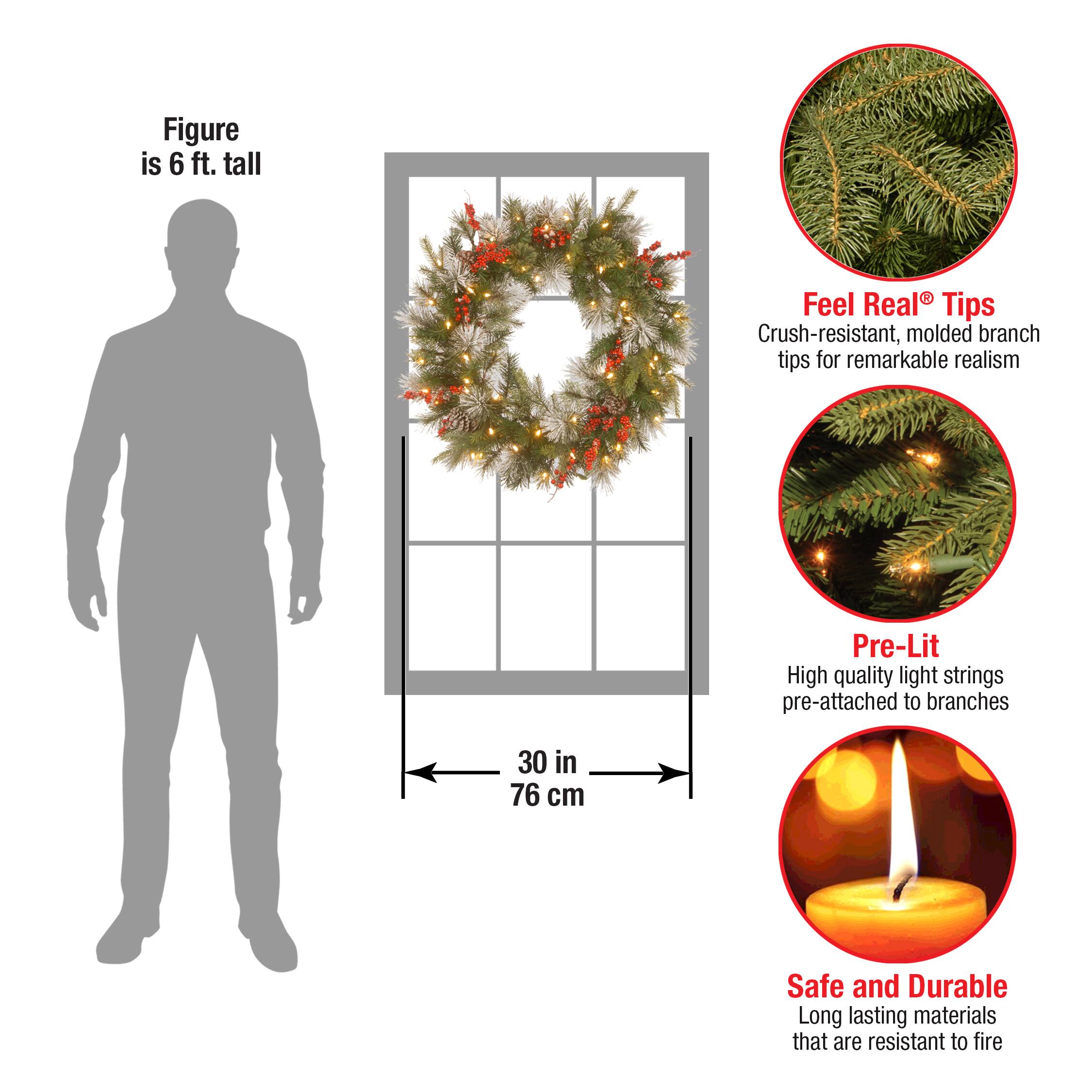 30&#x22; Feel Real&#xAE; Wintry Berry Collection Wreaths with Big Pine Cones, Red Berries &#x26; Snowy Bristle with 50ct. Warm White Battery Operated LED Lights with Timer