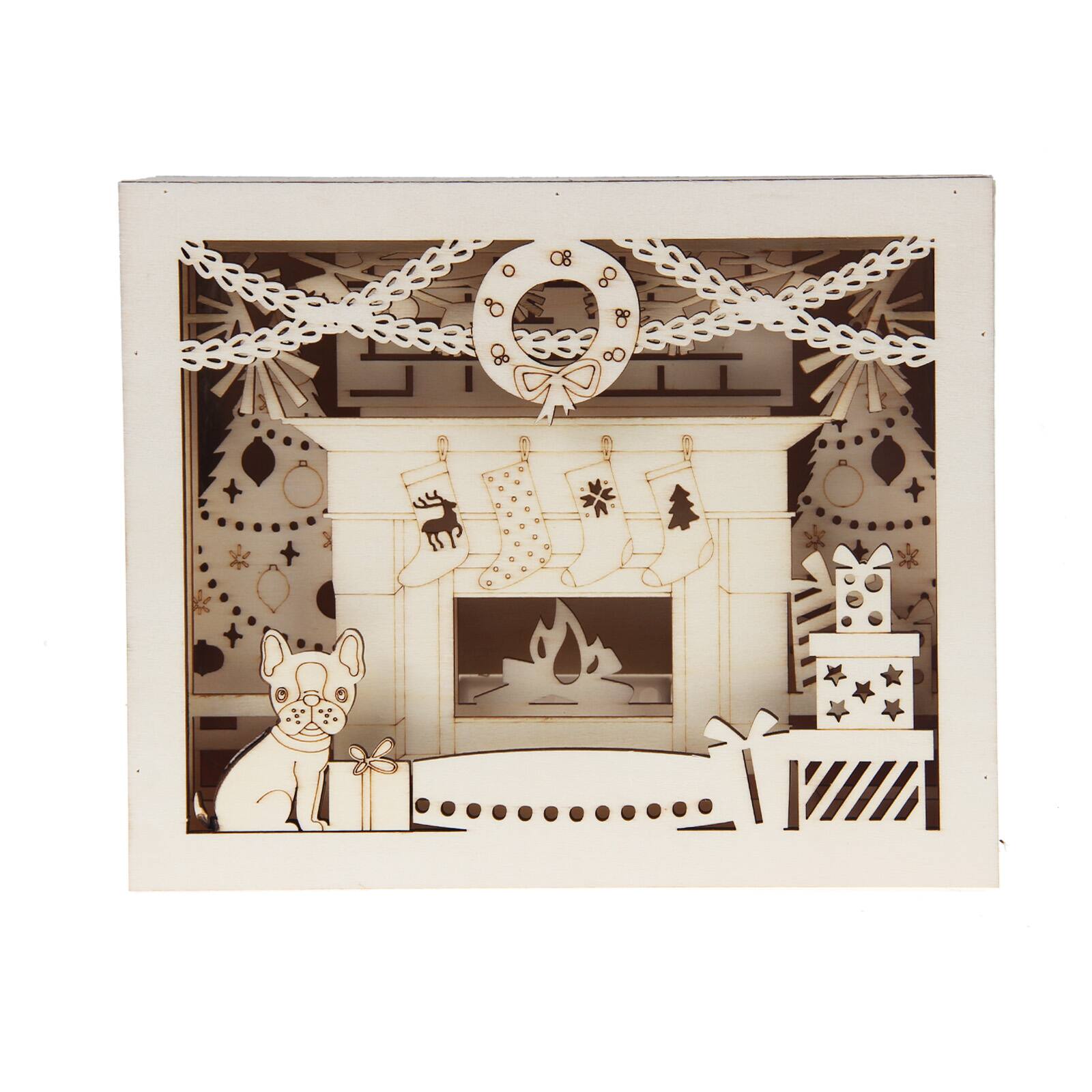 Fireplace Unfinished Wood LED Christmas Tabletop Box by ArtMinds