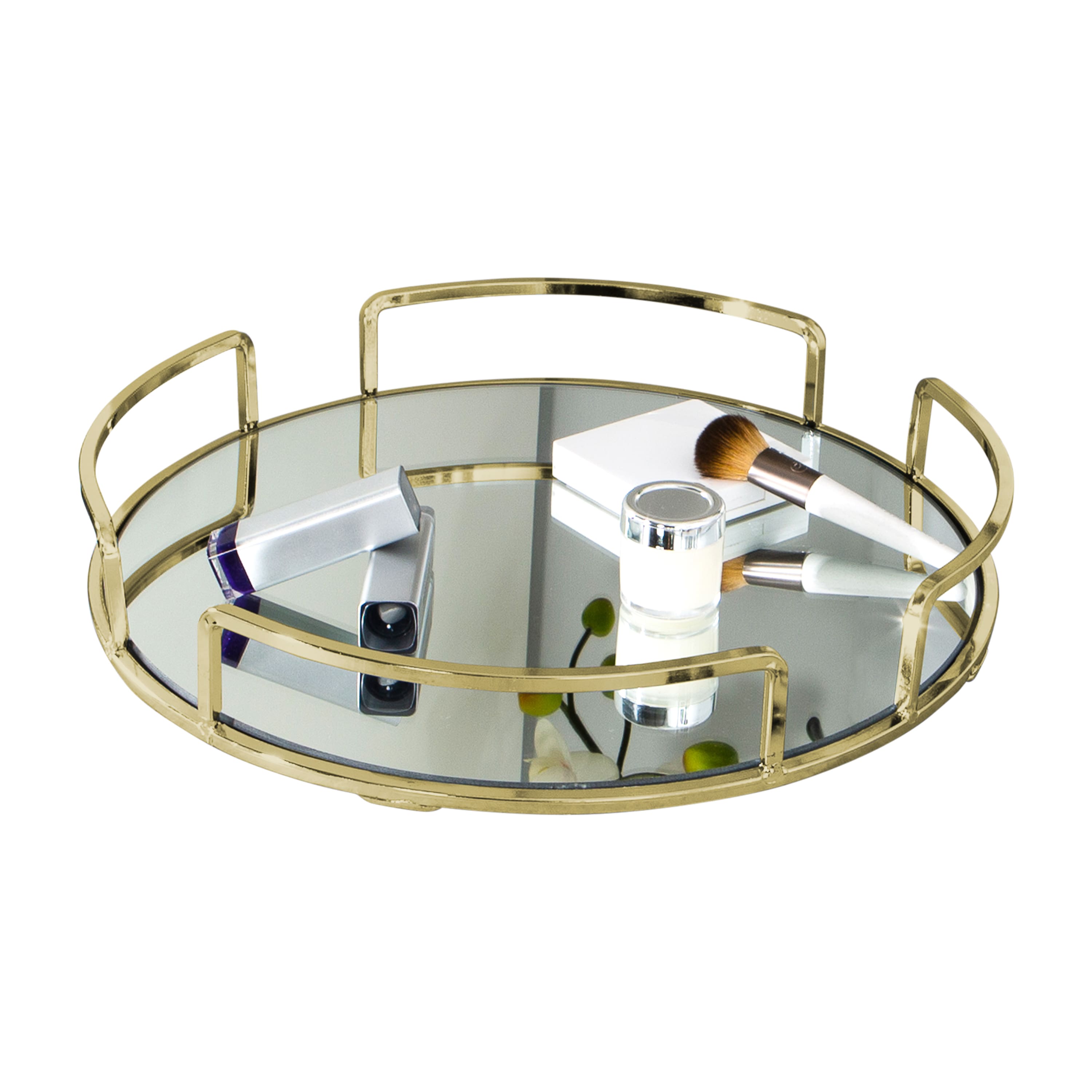 Home Details 13" Satin Gold Modern Round Mirror Vanity Tray