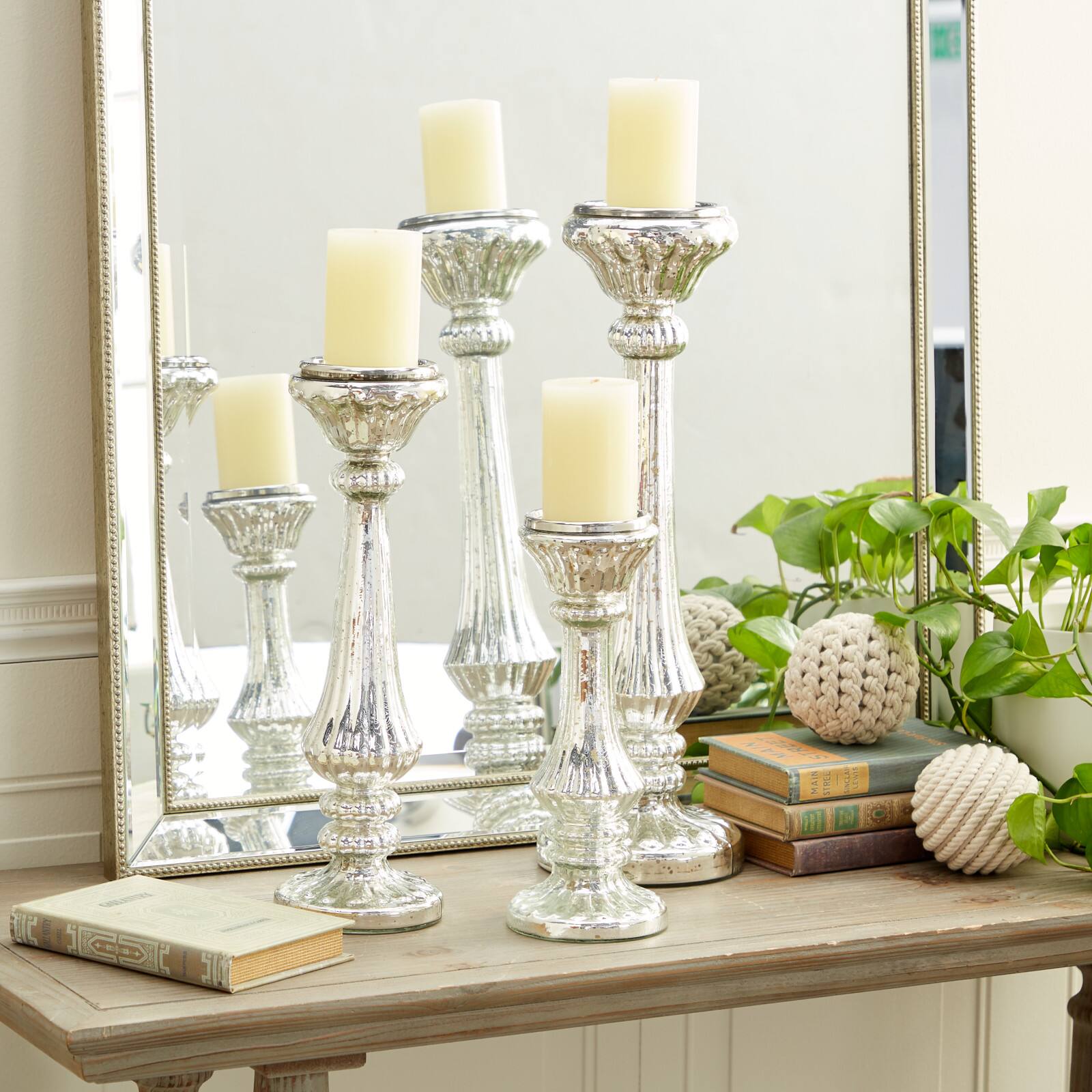 Silver Glass Traditional Candle Holder Set