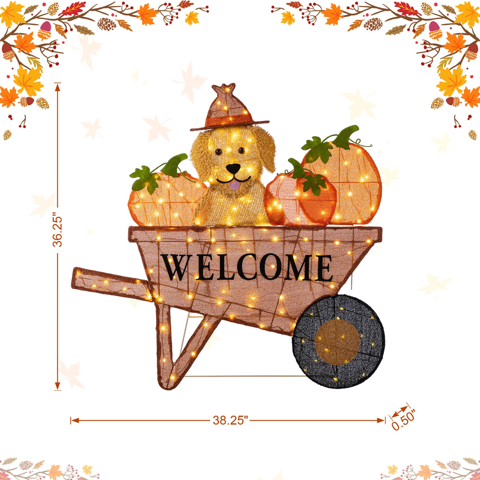 Glitzhome&#xAE; 36.25&#x22; Lighted Fall Pumpkin Wheel Barrow Outdoor Decor with Warm White LED Lights