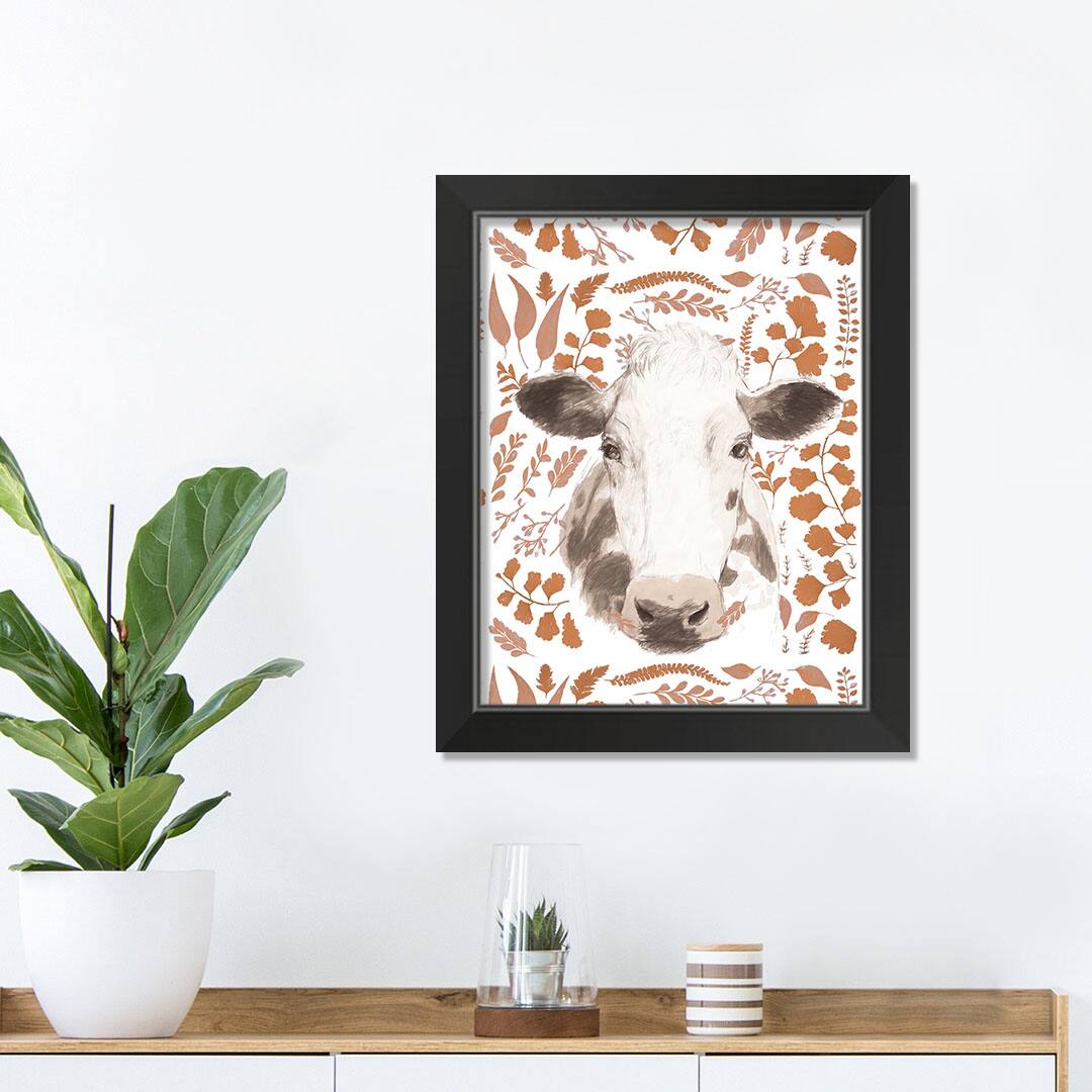 Fall Leaf Cow Black Framed Print Wall Art